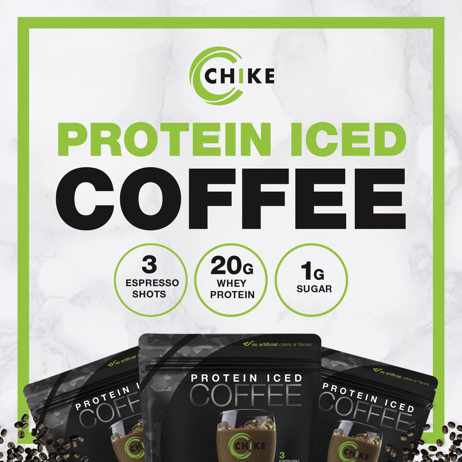 CHIKE Triple Shot Espresso & Cream — emballage et étiquette indiquant sans gluten et protéine.
