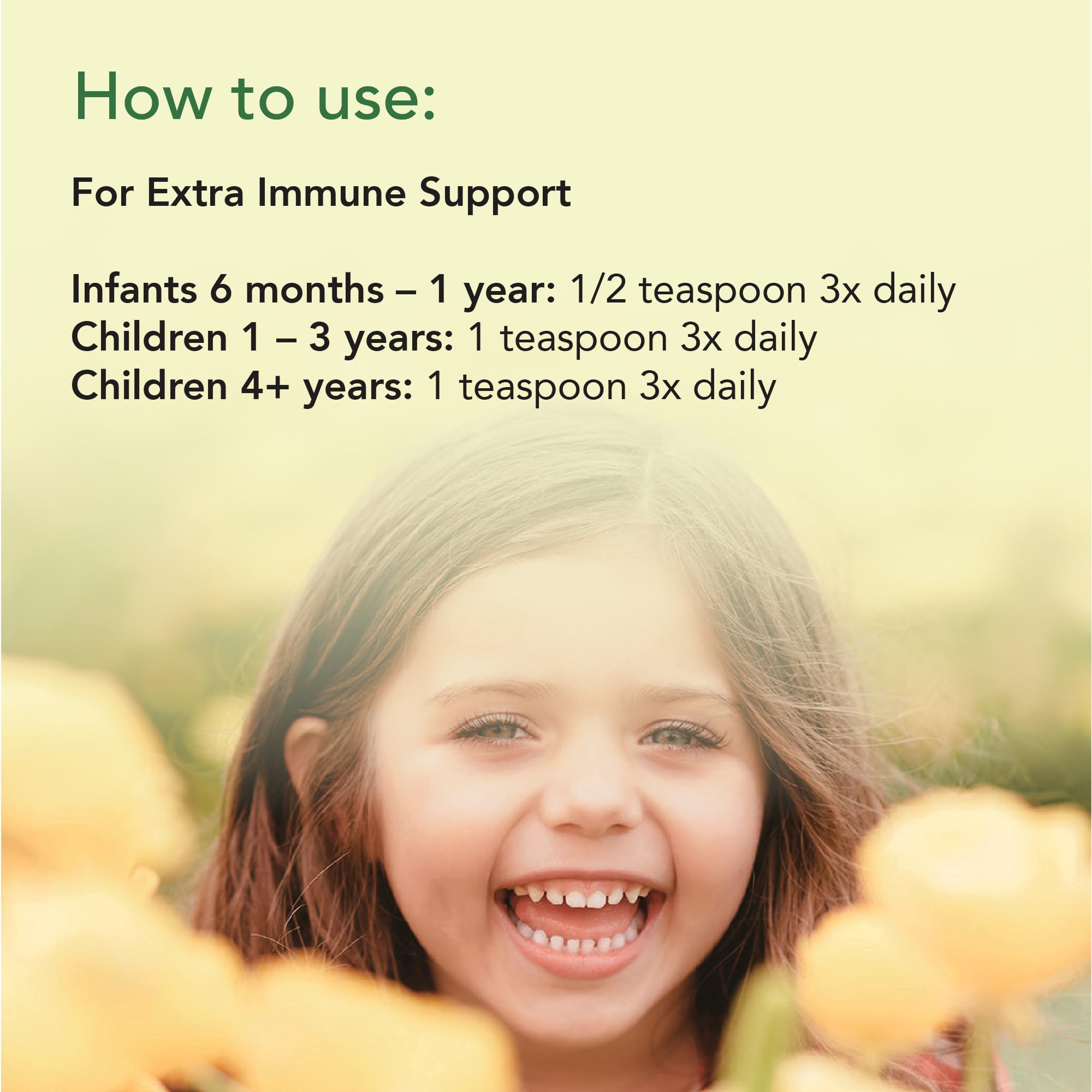 CHILDLIFE ESSENTIALS Premier Defense, tableau-dosage, guide clair pour chaque âge.