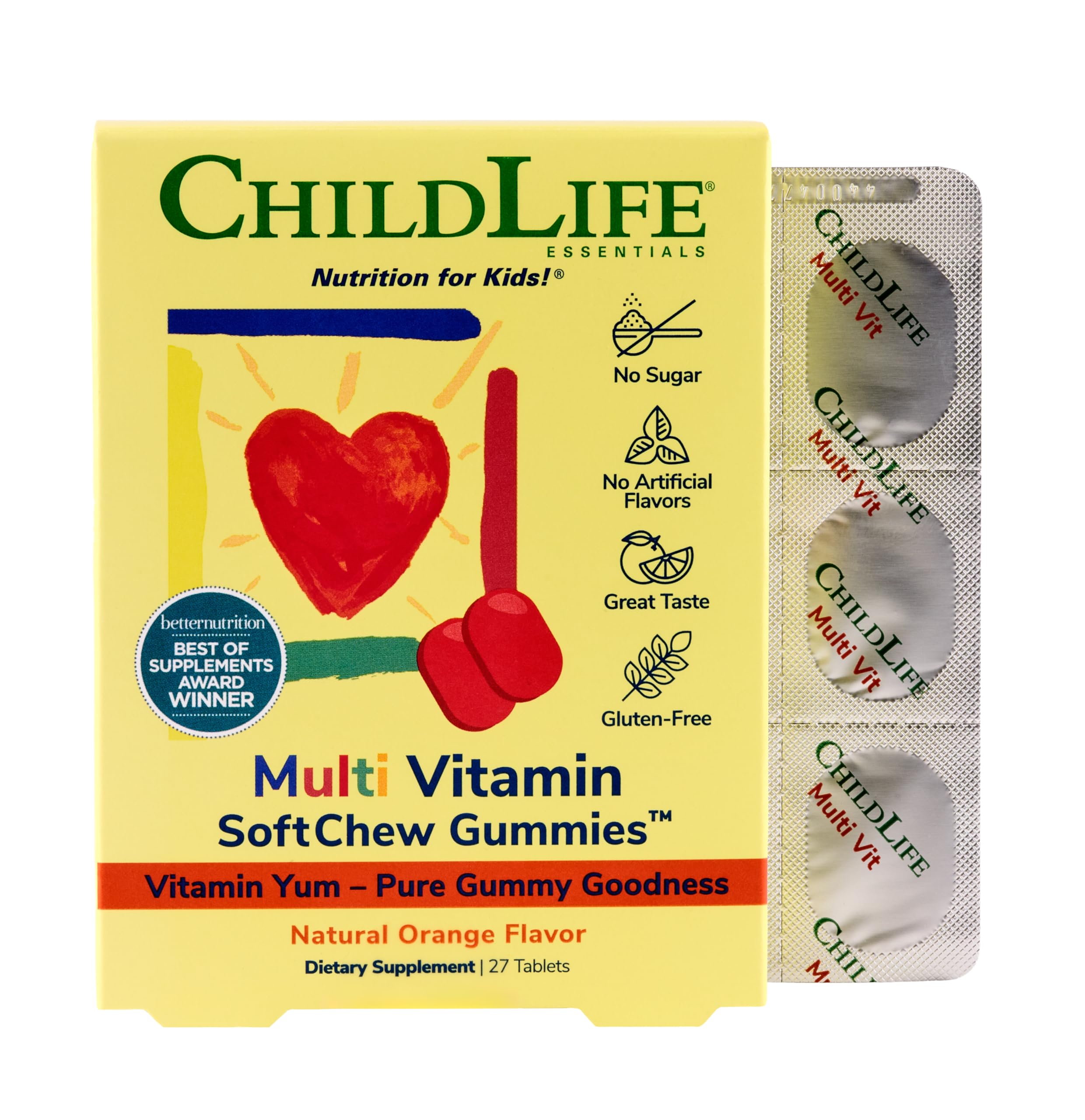 CHILDLIFE ESSENTIALS bonbons multivitamines pour enfant, emballage pratique et dose quotidienne.