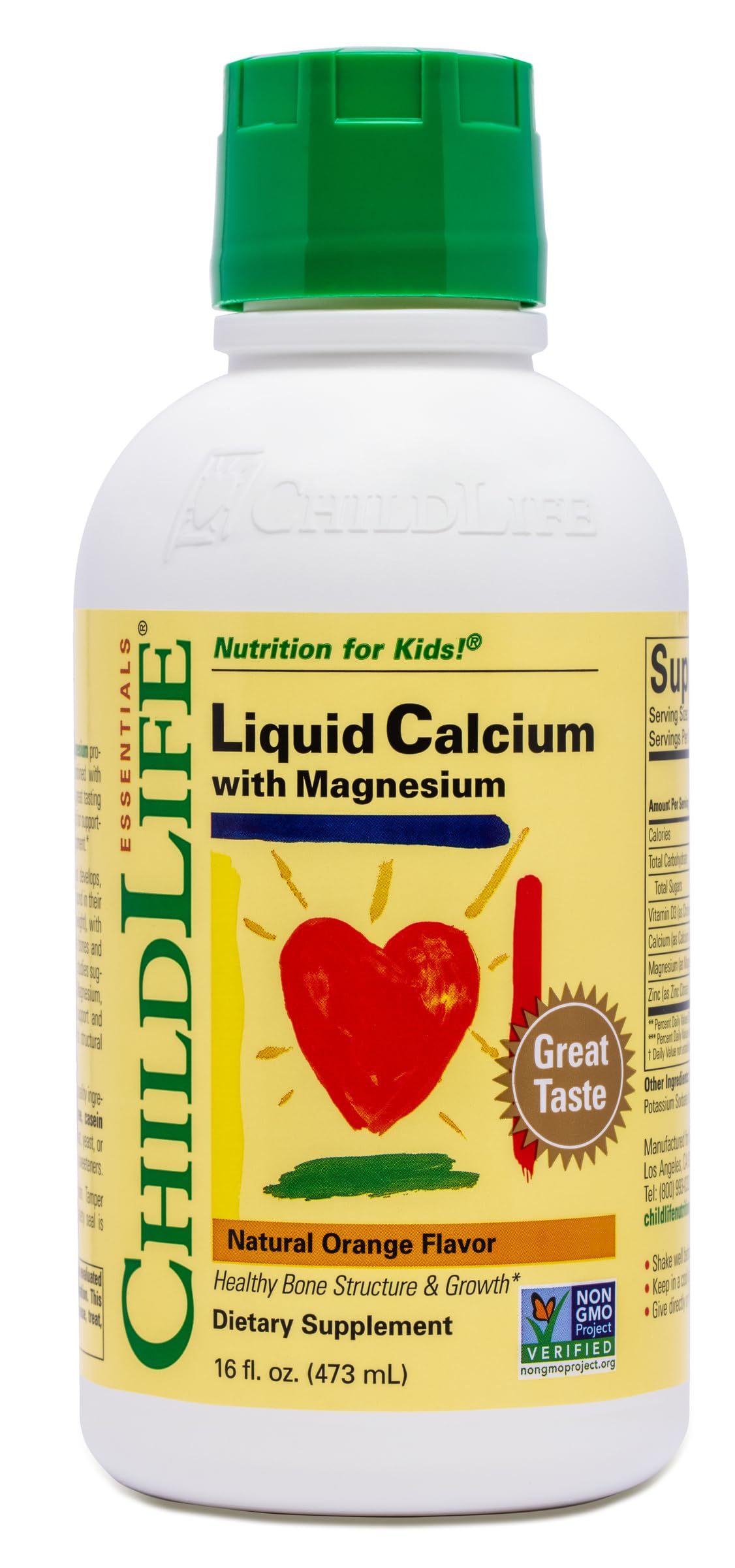 CHILDLIFE ESSENTIALS Calcium liquide pour enfants, bouteille orange, soutien à la croissance osseuse.