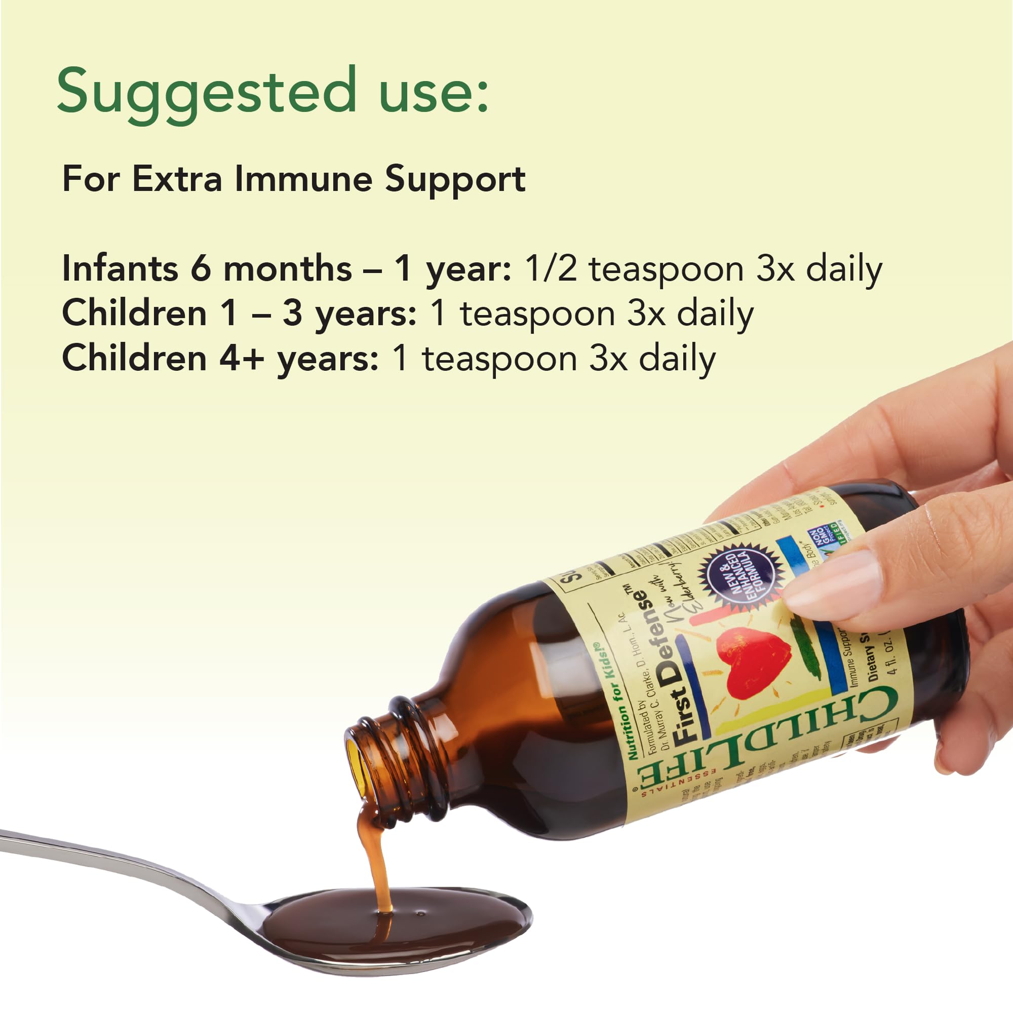 CHILDLIFE ESSENTIALS First Defense – dosage 4 ans et plus, trois fois par jour.