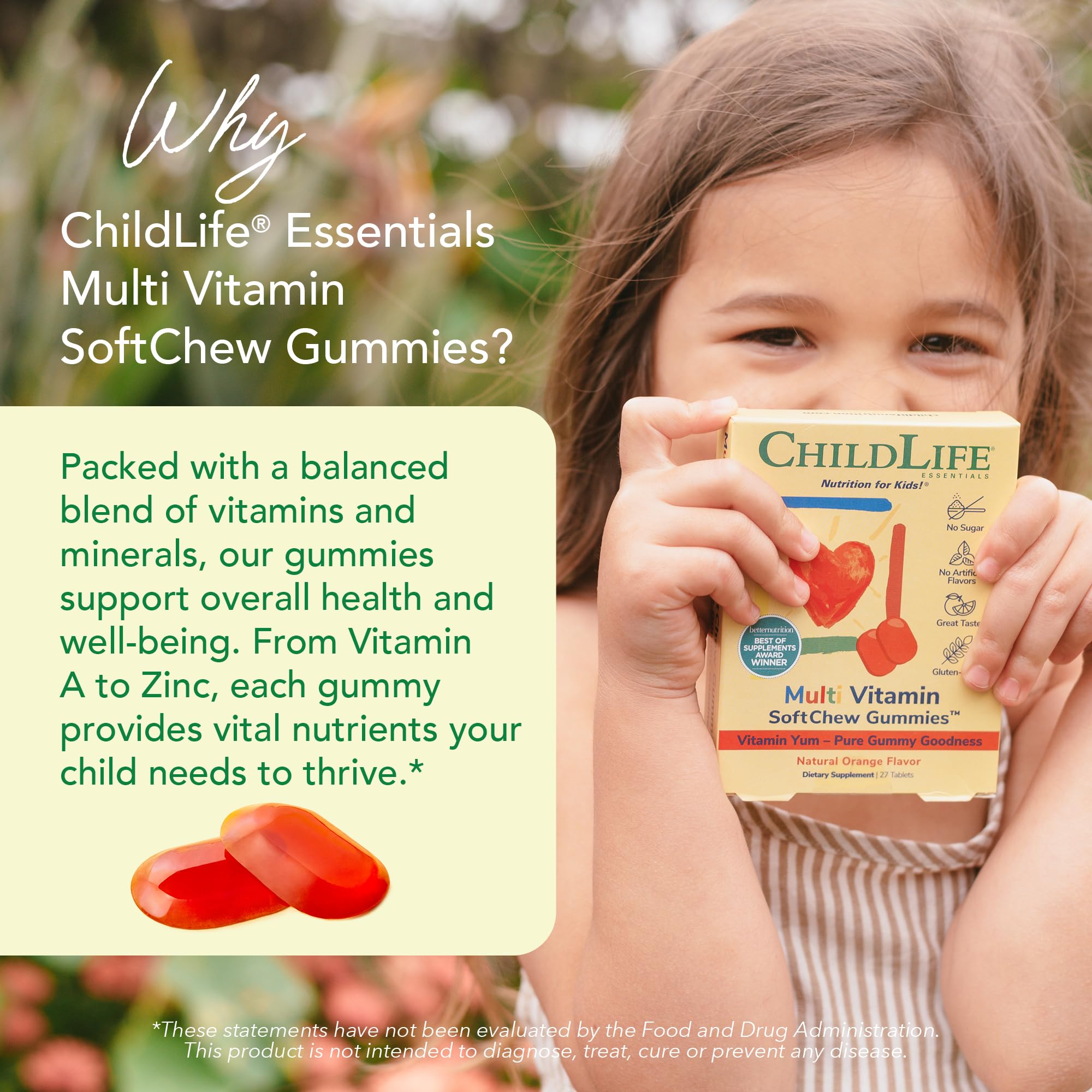 CHILDLIFE ESSENTIALS gommes goût orange naturel, saveur fruitée et sans sucre ajouté.