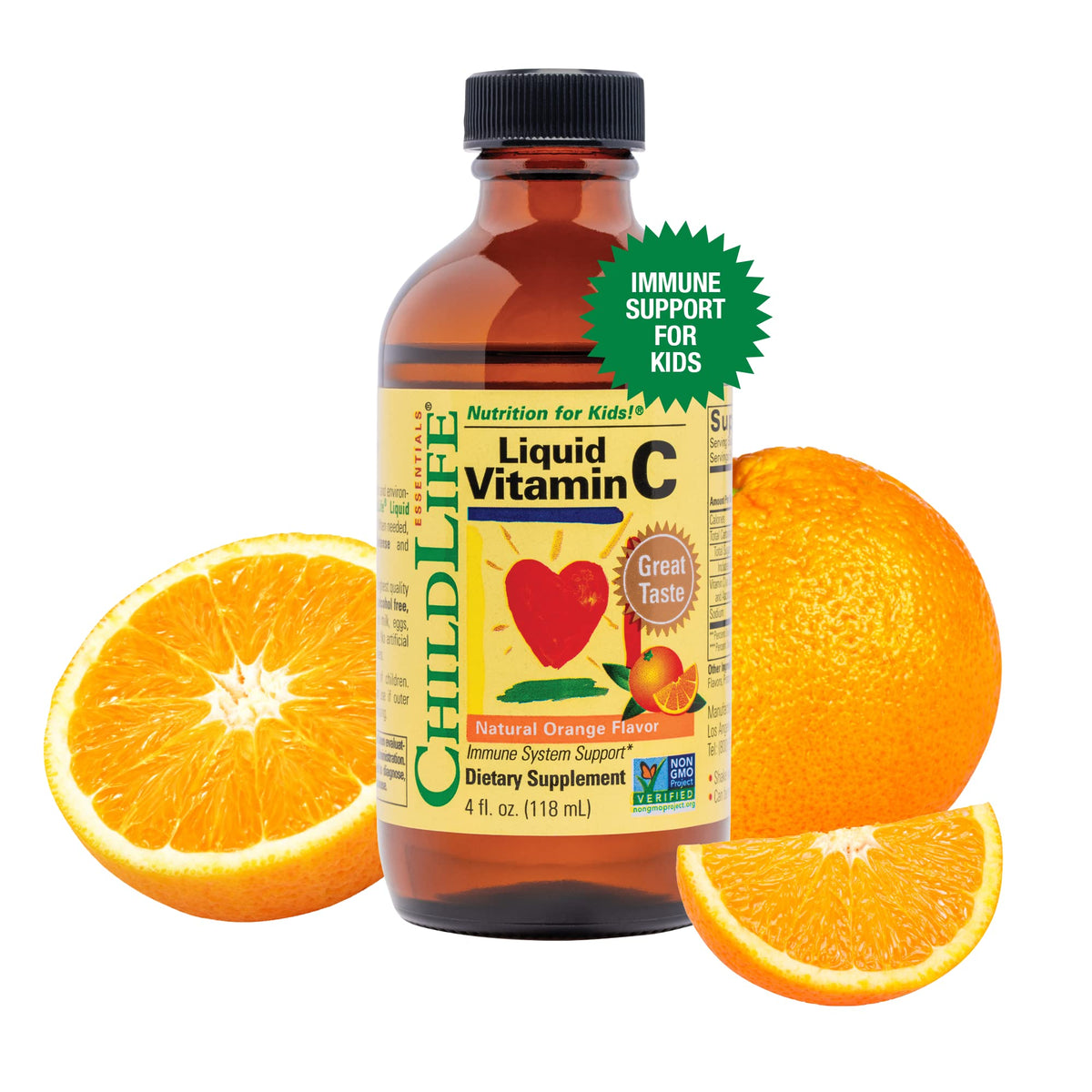 CHILDLIFE ESSENTIALS Vitamine C liquide, bouteille versée, soutien quotidien possible.