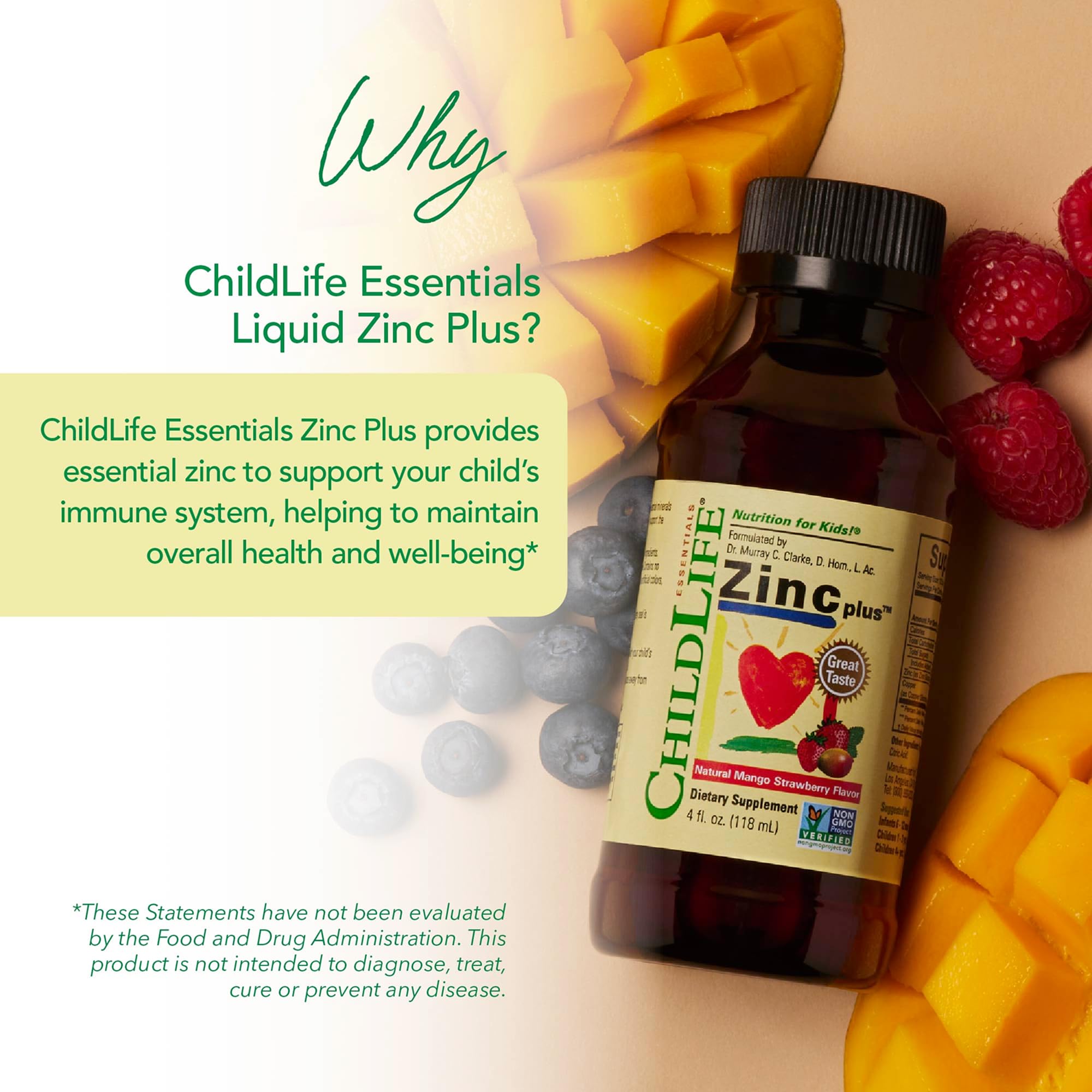 CHILDLIFE ESSENTIALS Zinc Plus, etiquette claire indiquant les doses quotidiennes recommandées