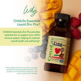 CHILDLIFE ESSENTIALS Zinc Plus, etiquette claire indiquant les doses quotidiennes recommandées