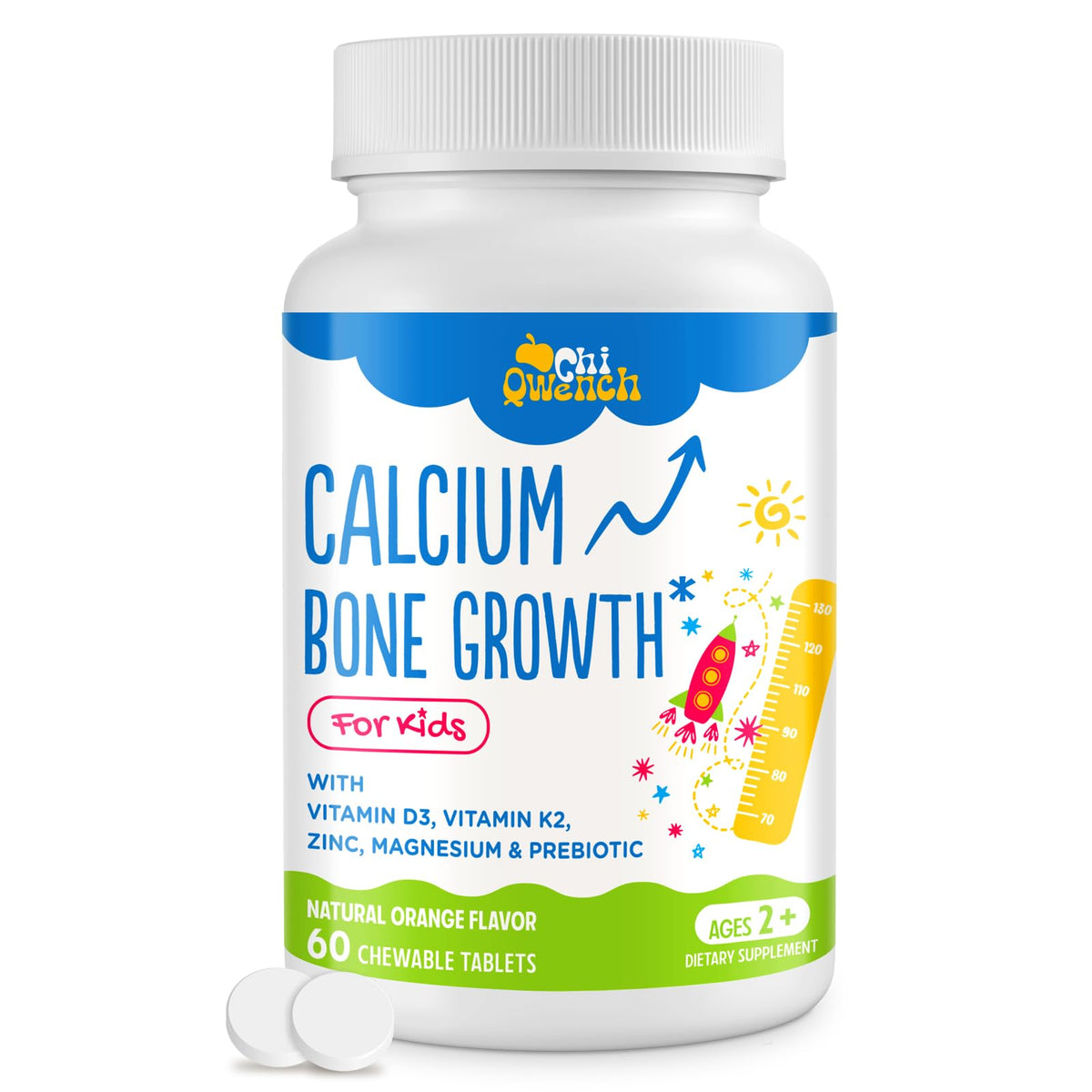 ChiQwench calcium 500mg gommes orange, goût agréable et suppléments de calcium.