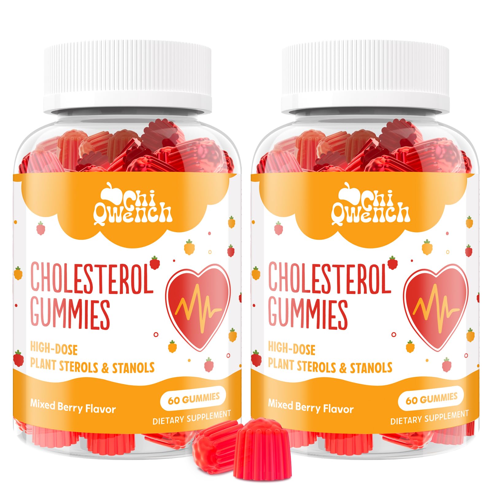 Gommes ChiQwench cholestérol, bouteille montrée, soutien potentiel à la gestion du cholestérol.