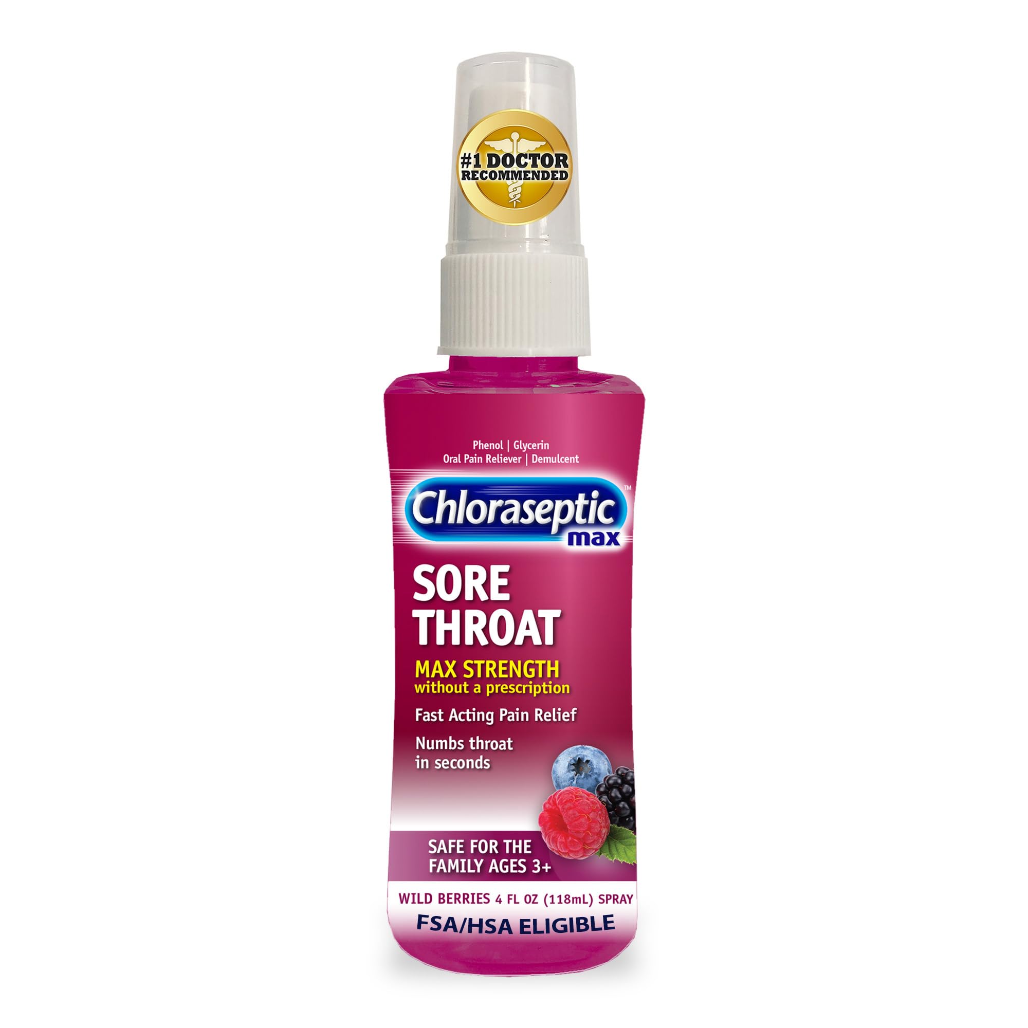 Chloraseptic Max Strength Pulvérisateur gorge, bouteille prête à l’emploi pour soulagement rapide.