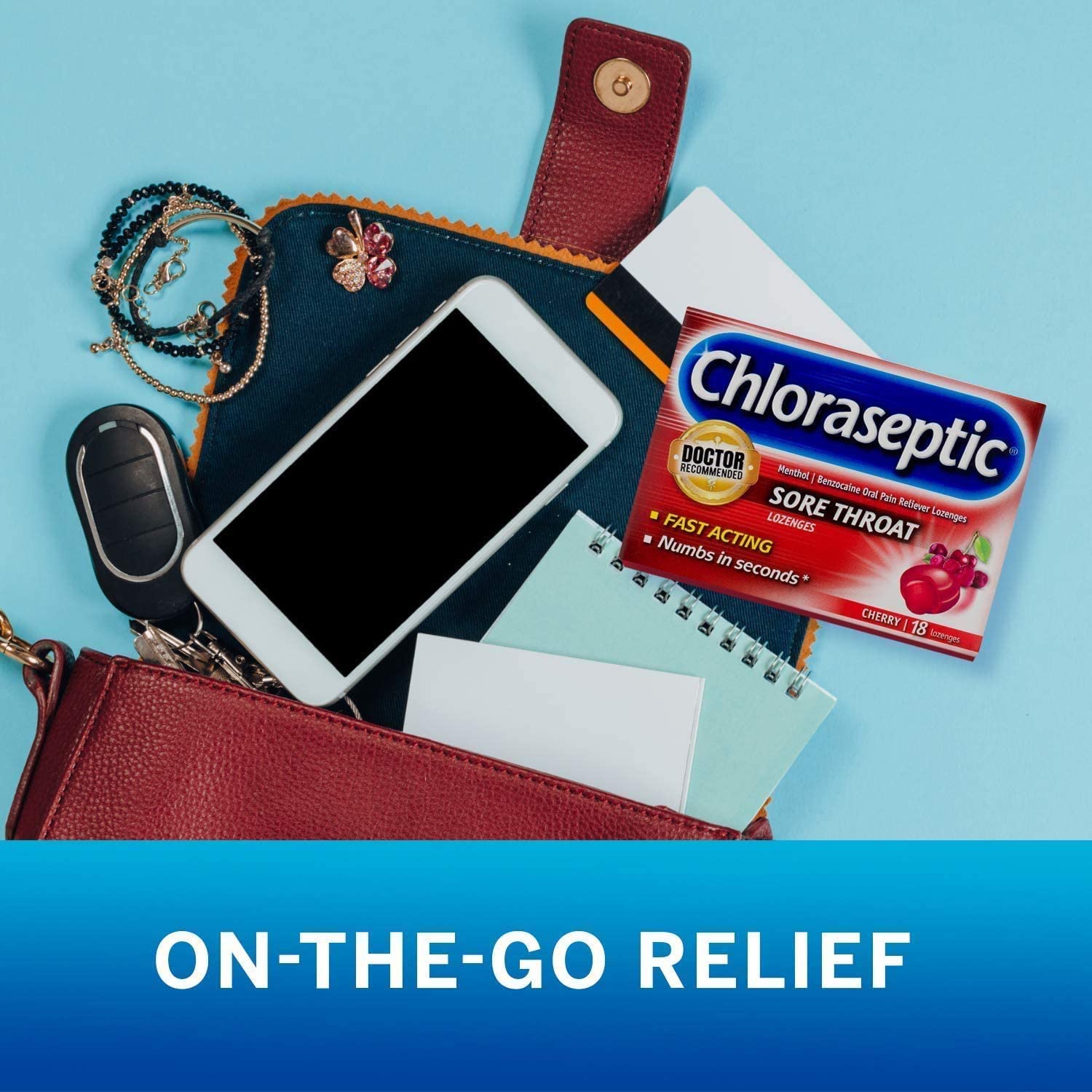 Pastilles Chloraseptic cerise dans une poche, solution pratique pour répit rapide.