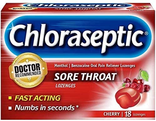 Chloraseptic, boîte de pastilles mal de gorge cerise, prêt à l'emploi pour un soulagement rapide.