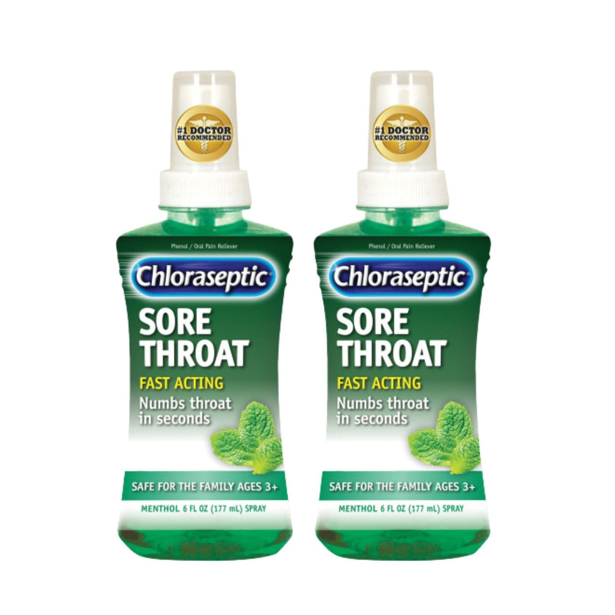 Chloraseptic spray-bouteille menthe, soulagement rapide ciblé pour la gorge.
