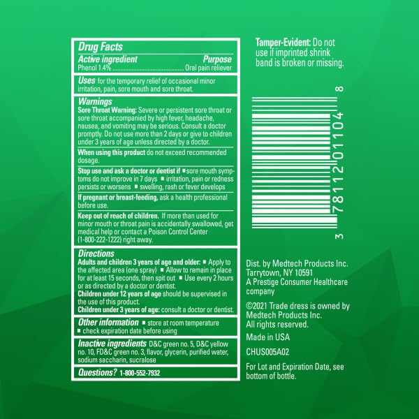 Chloraseptic spray-rafraichissement menthe, utilisation quotidienne.