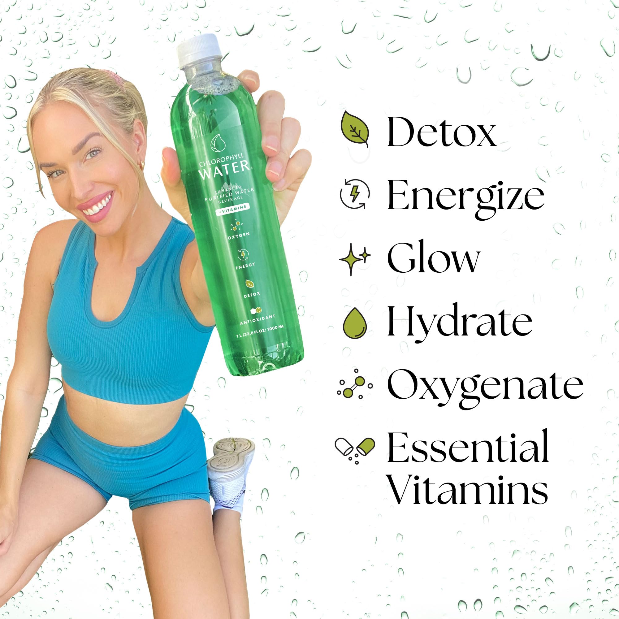 Chlorophyll Water – étiquette claire et transparente, preuve de réglementation et sécurité.