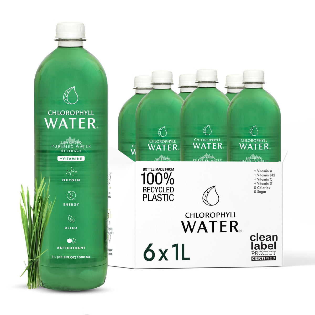 Chlorophyll Water: lot de 6 bouteilles 1 L, hydratation pratique et pureté certifiée.
