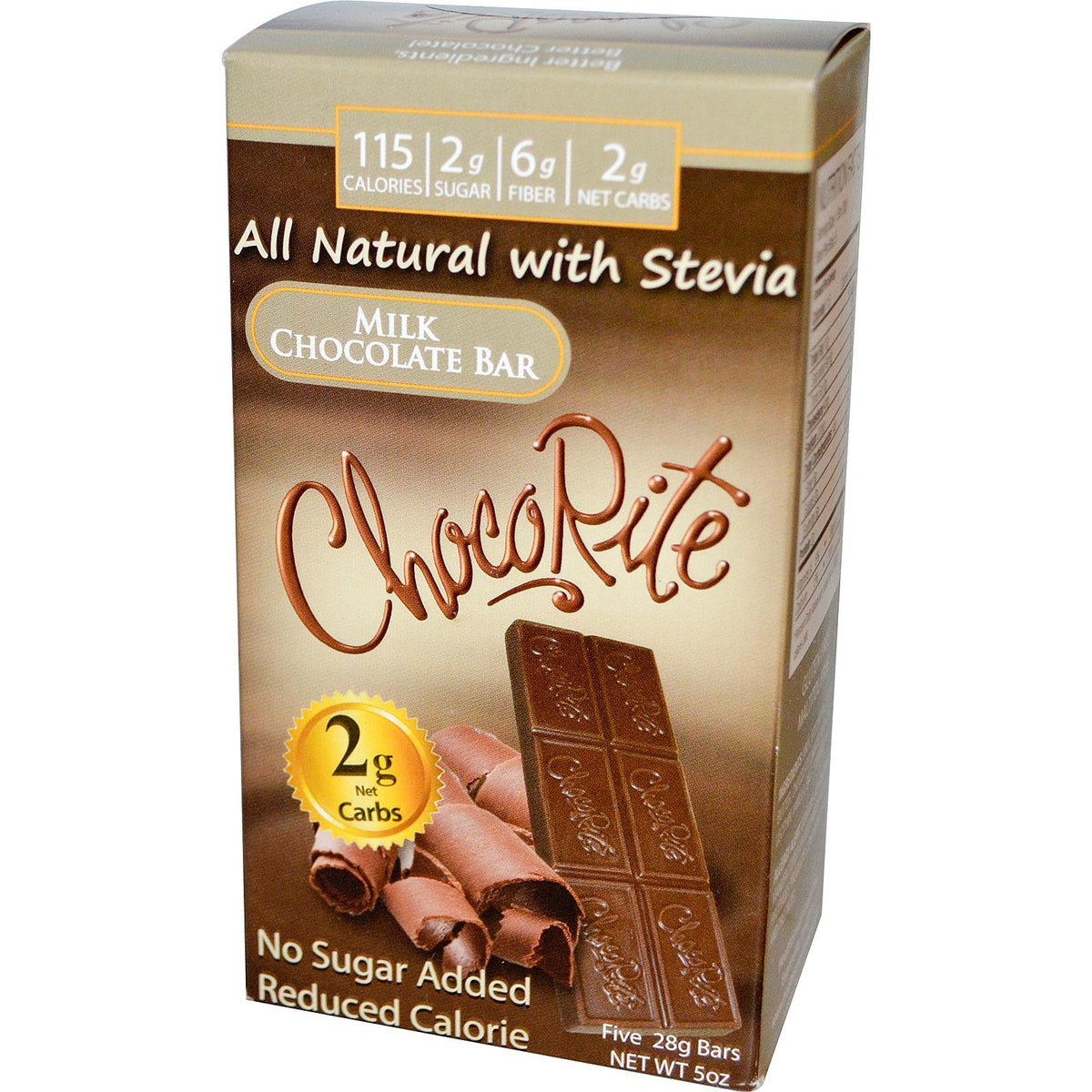 Barre ChocoRite chocolat au lait sans sucre, goût riche et collation pauvre en calories.