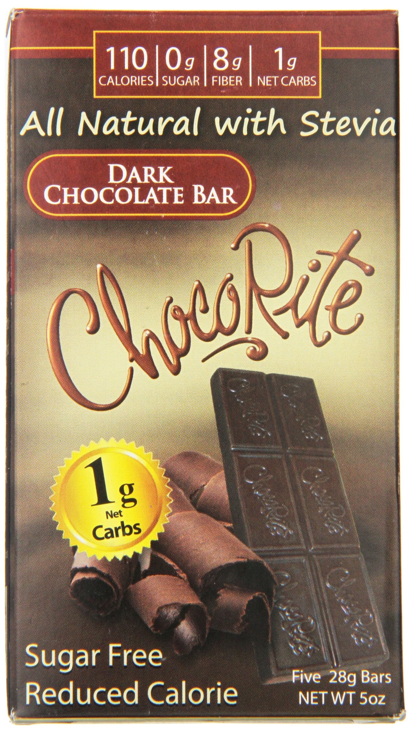 Barre ChocoRite chocolat noir 5oz emballage: douceur sans maltitol et calories maîtrisées.