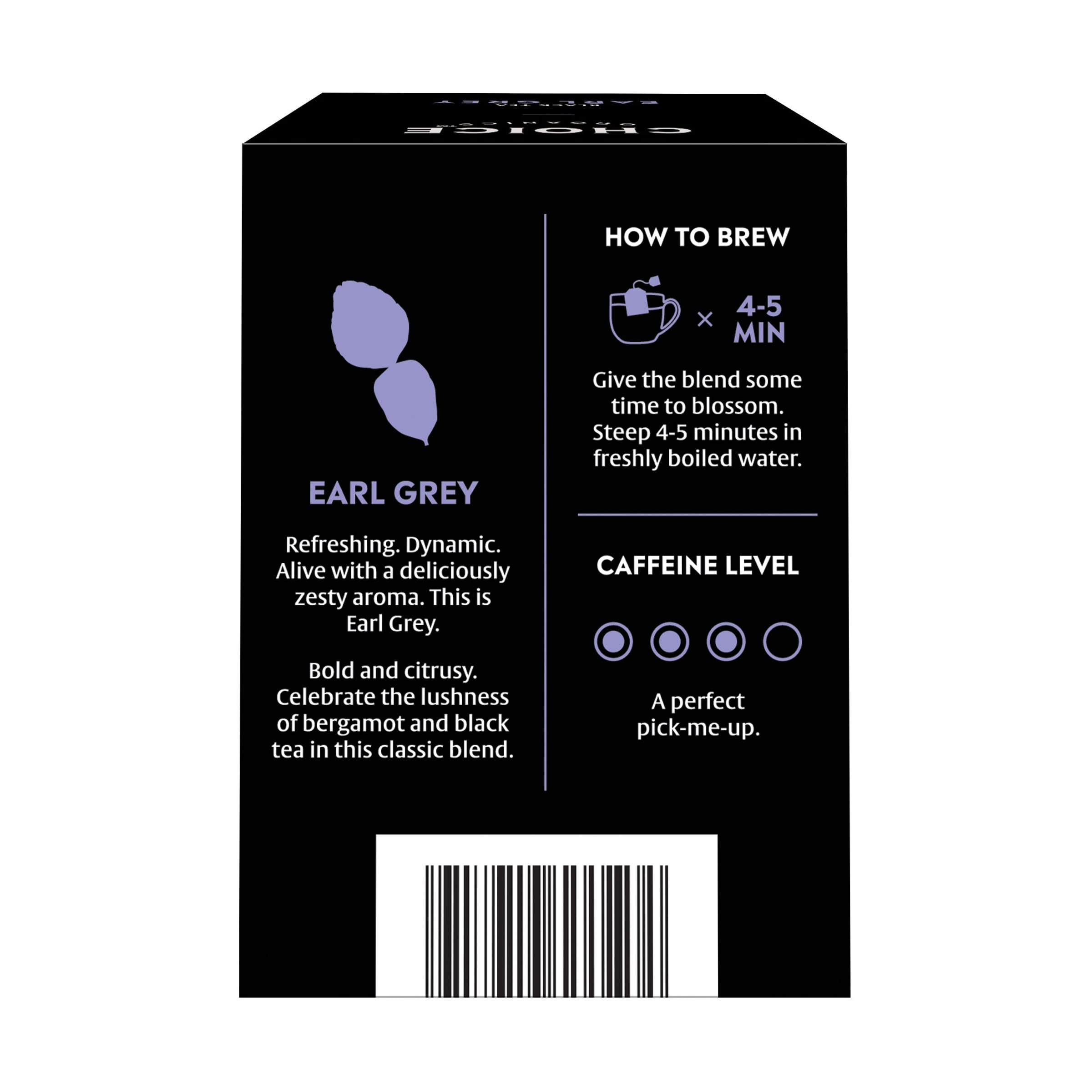 Choice Organic Teas caféine 50 mg par sachet, énergie légère et durable.