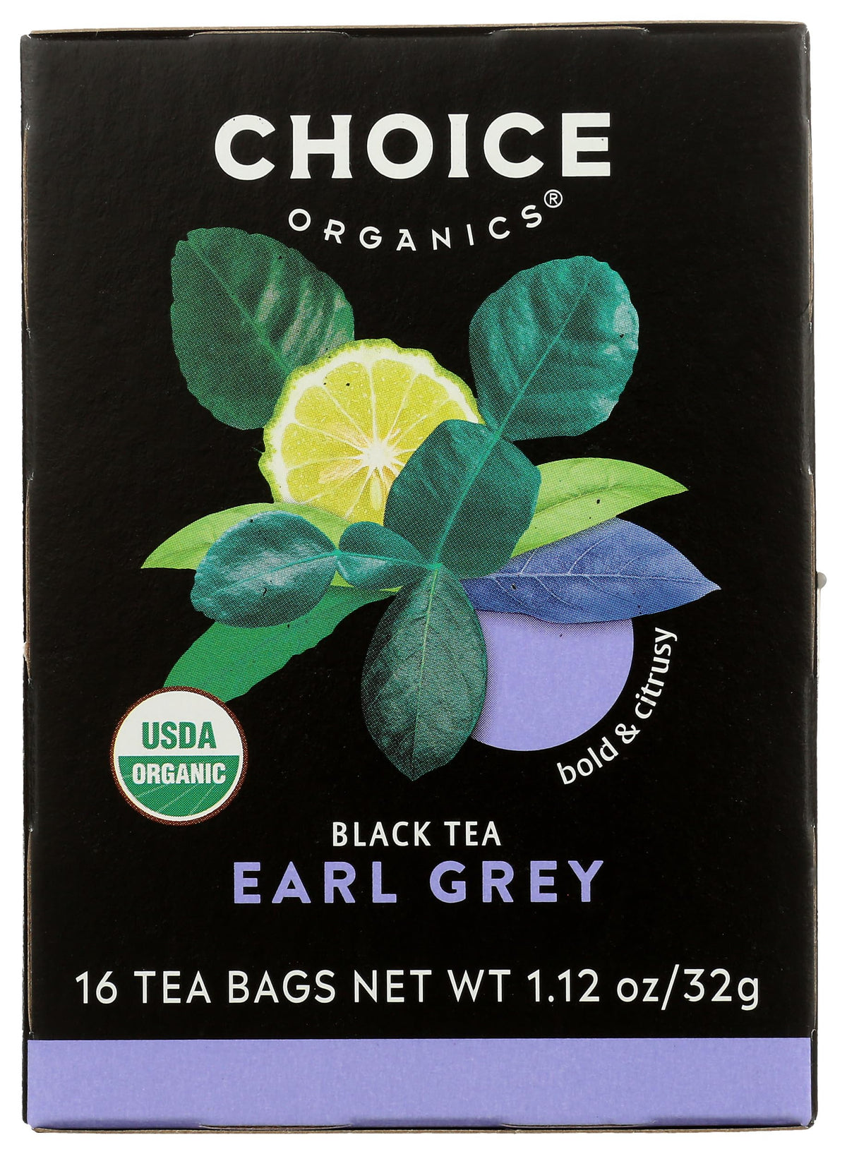 Choice Organic Teas noir bergamote sur emballage élégant et équitable.