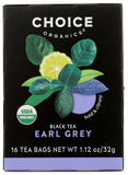 Choice Organic Teas noir bergamote sur emballage élégant et équitable.