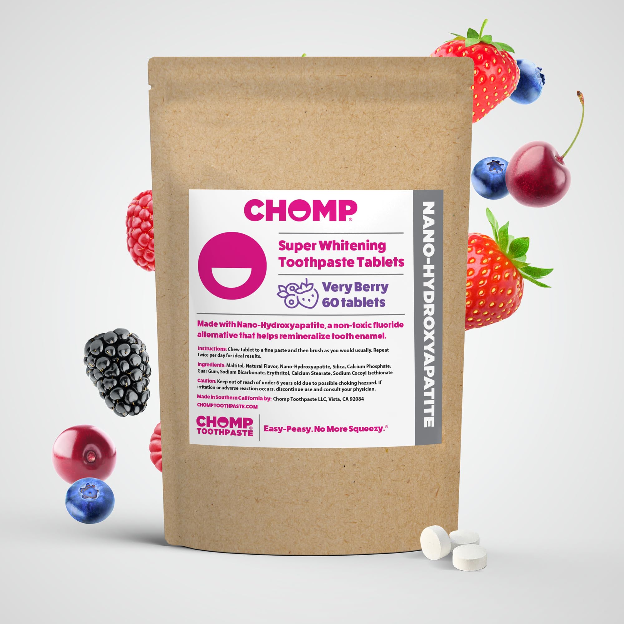 CHOMP pastilles-dentifrice-very-berry visibles, goût fruité agréable pour le brossage quotidien.