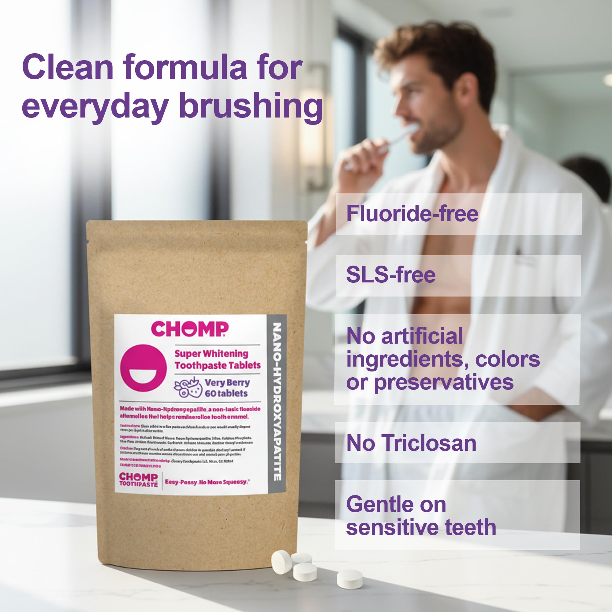 CHOMP sans-fluor-sans-sls, formule propre pour un usage quotidien en toute sécurité.