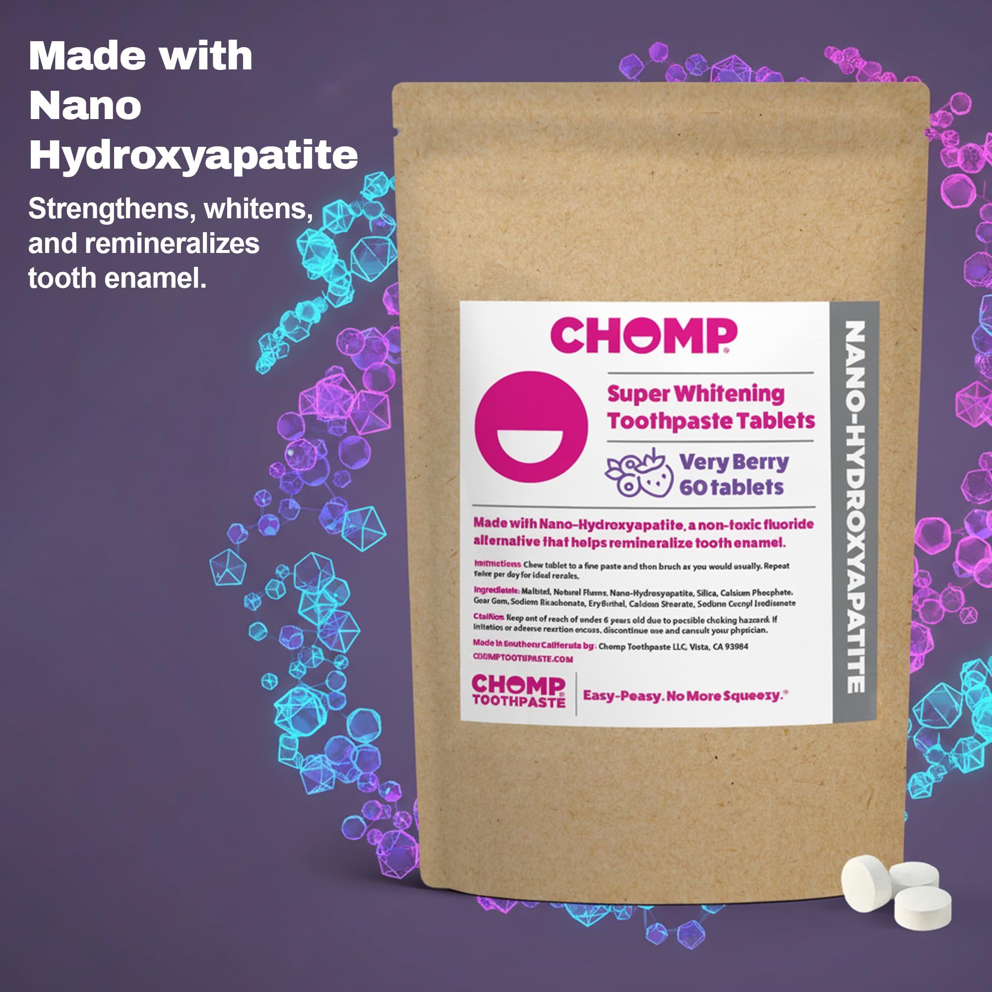 CHOMP tablettes-nano-hydroxyapatite-remineralisation, soutiennent l’émail lors du brossage.