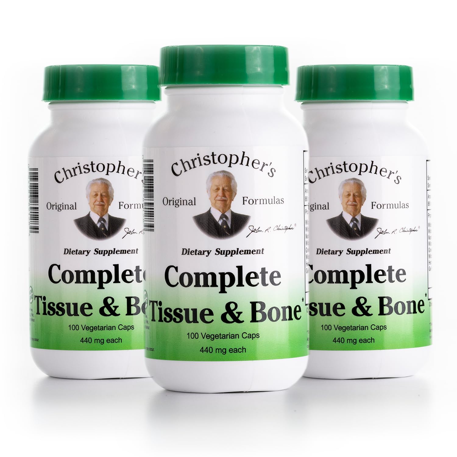 Christopher's Original Formulas Complete Tissue & Bone Formule, bouteille et capsules faciles à prendre.