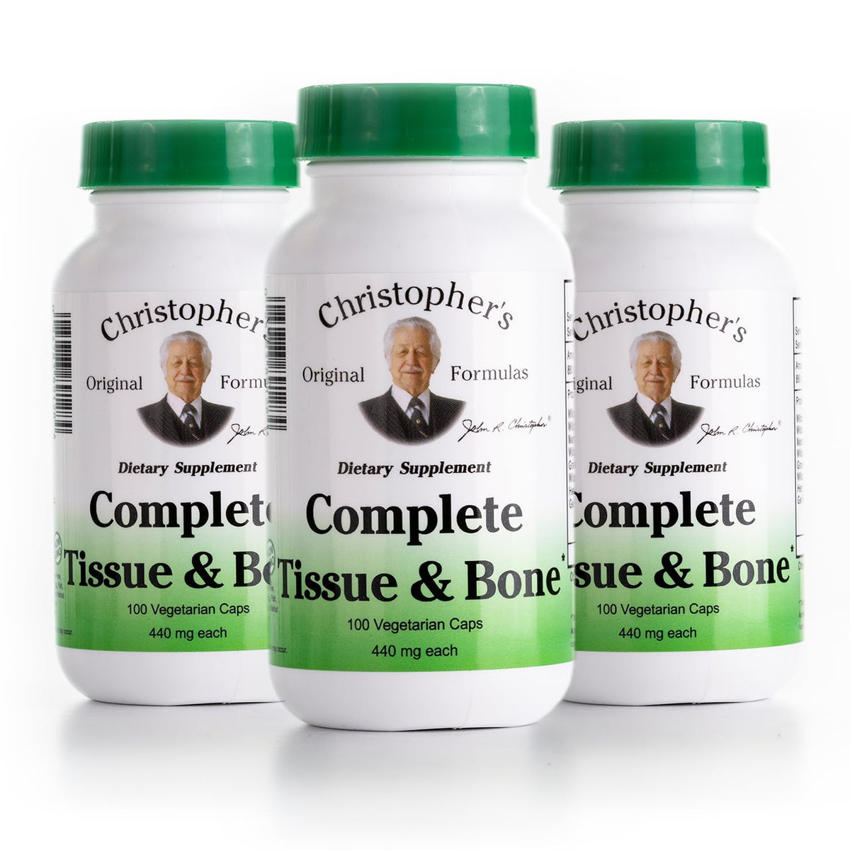 Christopher's Original Formulas Complete Tissue & Bone Formule, bouteille et capsules faciles à prendre.