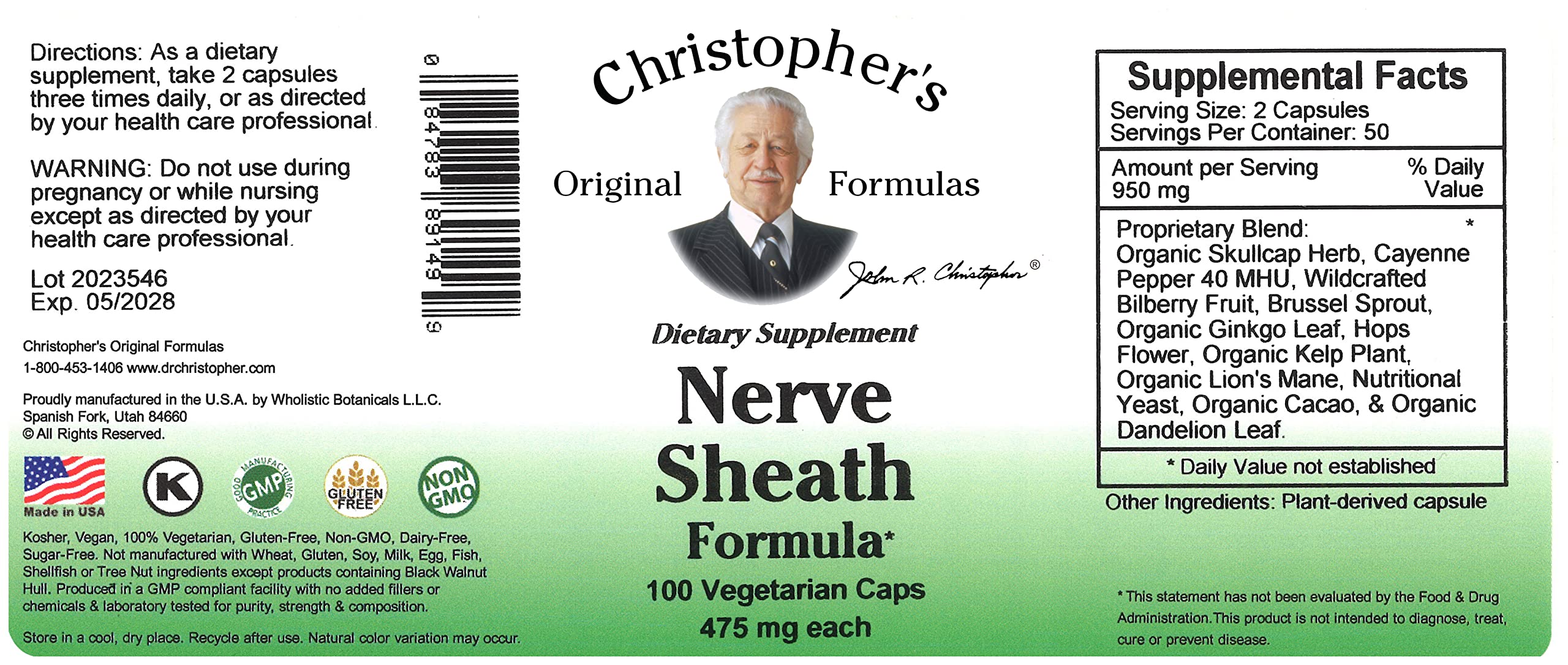 Christopher's Original Formulas Formule Gaine nerveuse, etiquette claire et lisible, instructions d'utilisation