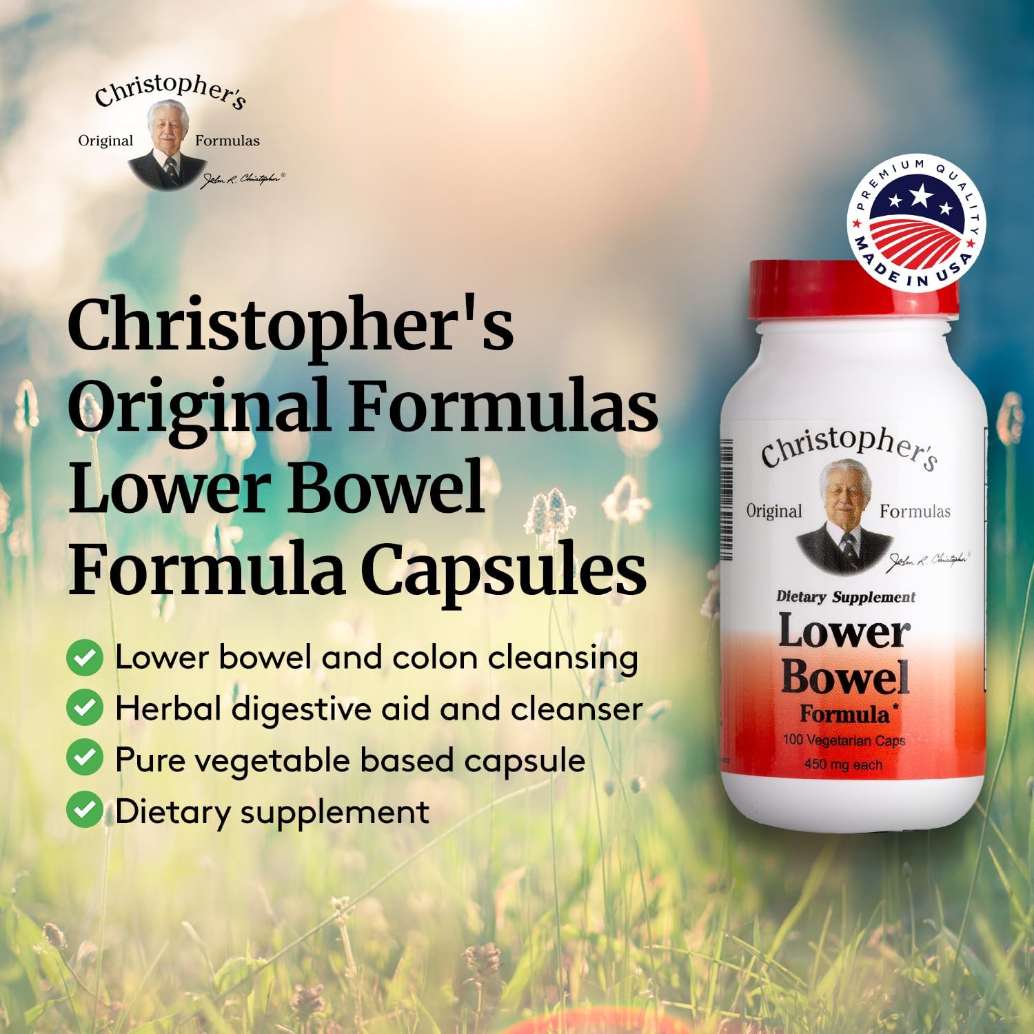 Boîte extérieure Christopher's Original Formulas Lower Bowel Cleanse montrant l'emballage.
