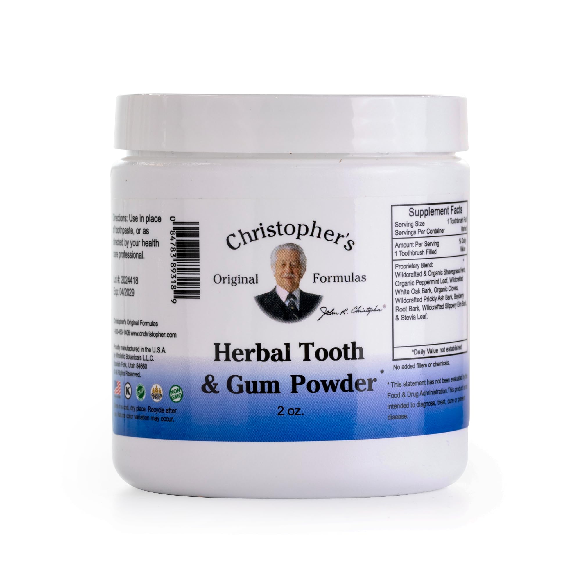 Poudre dentaire herbale Christopher's Original Formulas dans flacon pour routine naturelle.