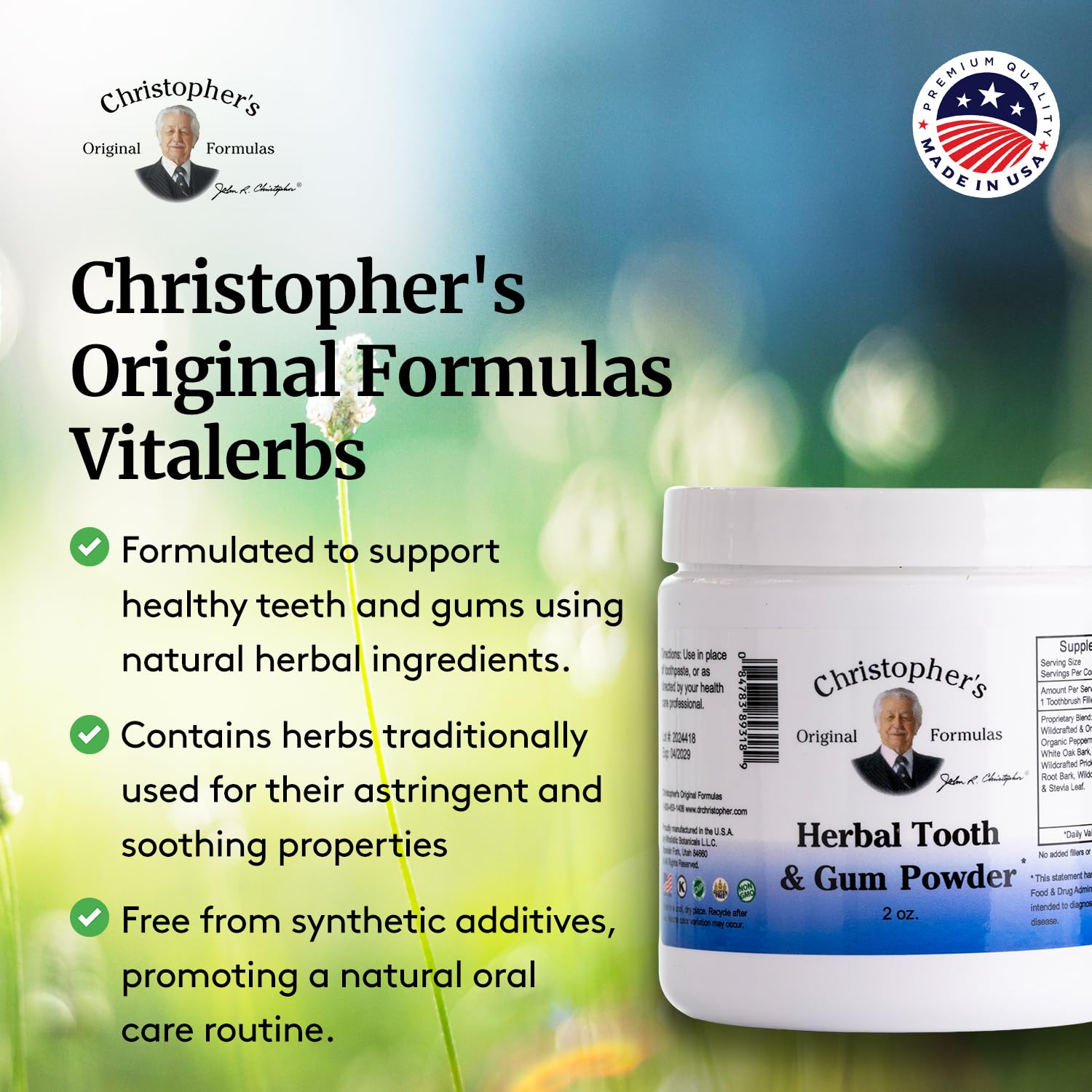 Pot de poudre dentaire herbale Christopher's Original Formulas pour conservation pratique.