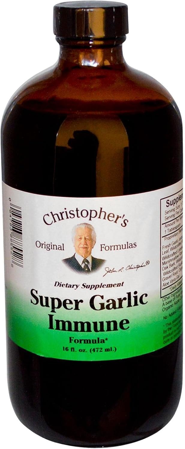 Bouteille Christopher's Original Formulas Sirop Immunitaire à l’Ail Super sur étiquette claire et arôme naturel