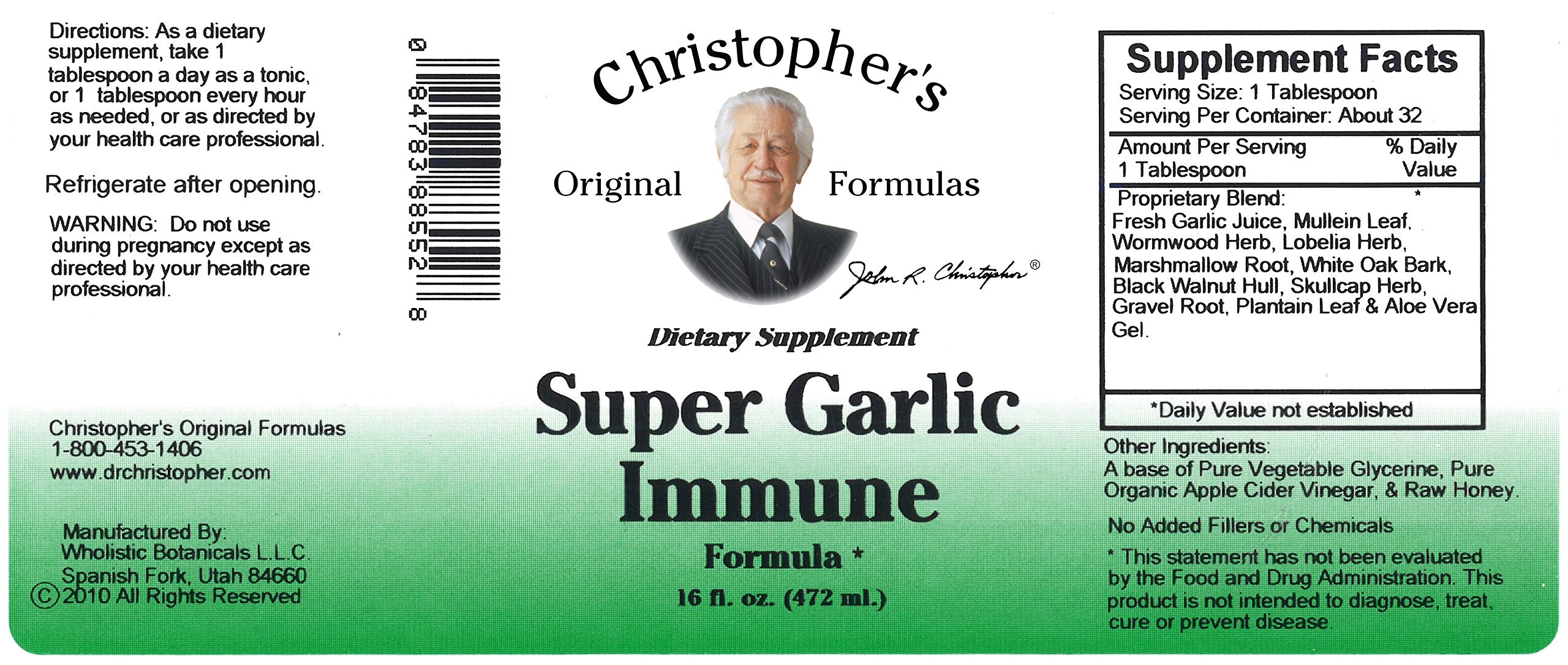 Étiquette du Sirop Immunitaire à l’Ail Super de Christopher's Original Formulas bien lisible