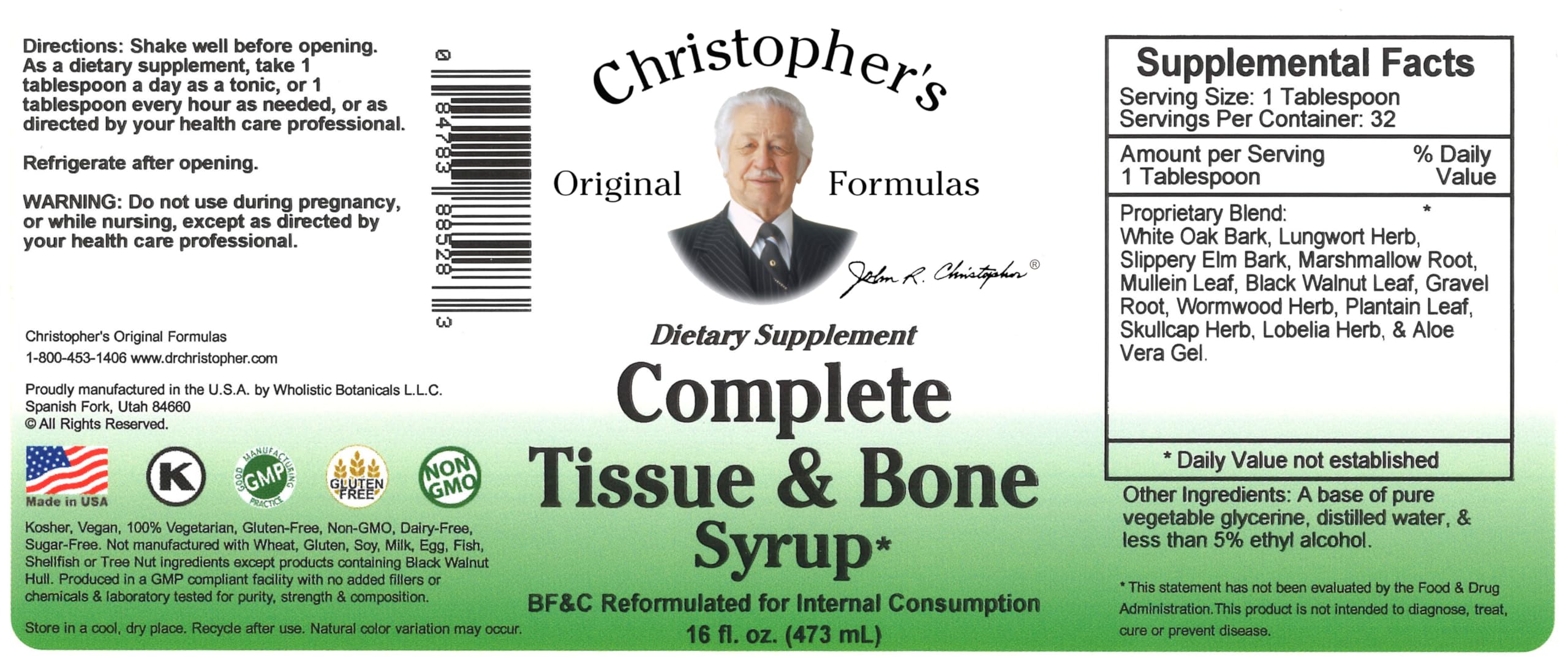 Christopher's Original Formulas Sirop Tissus et Os – etiquette lisible avec conseils et ingrédients.