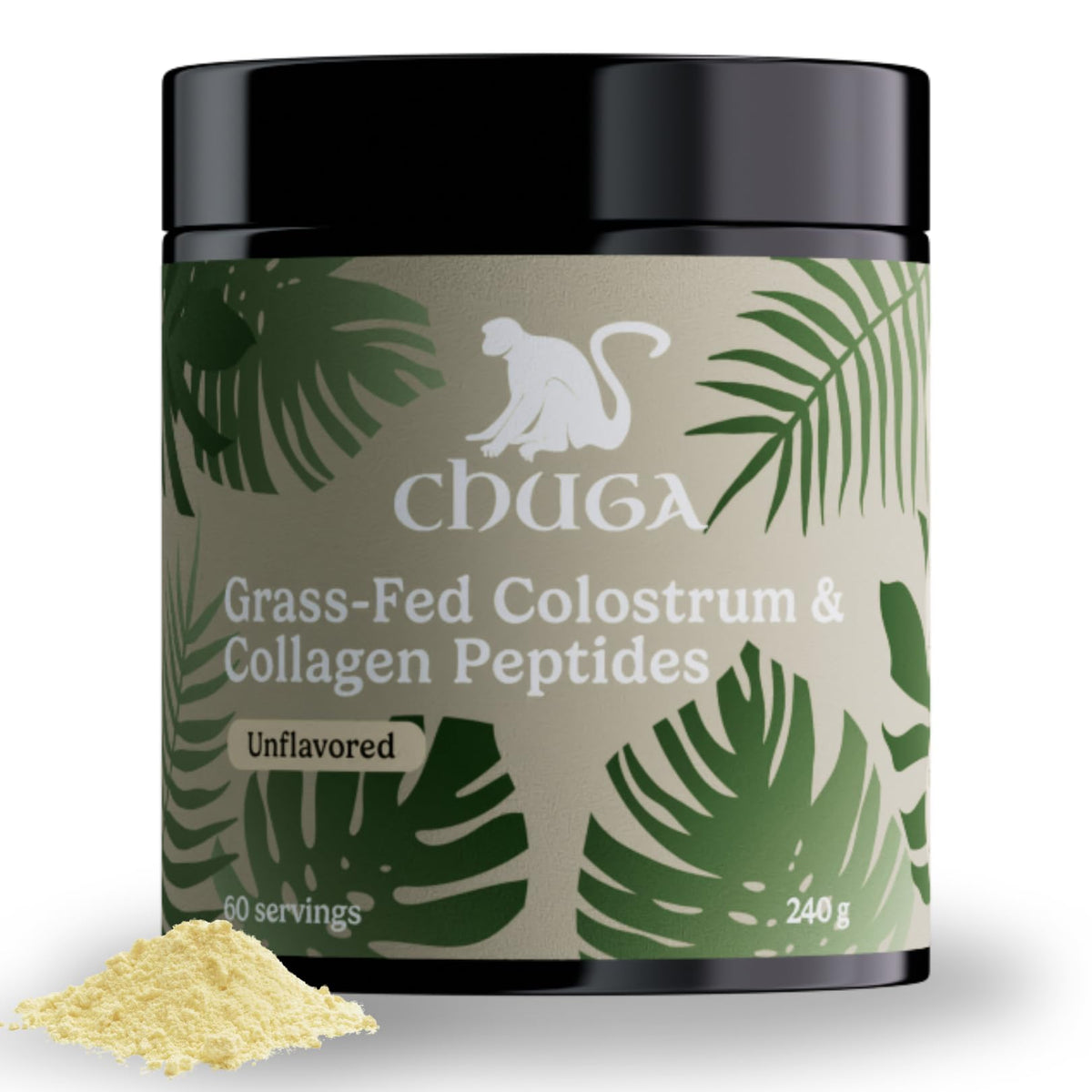 Chuga Shilajit – bouteille montrant colostrum et collagène pour peau et articulation.
