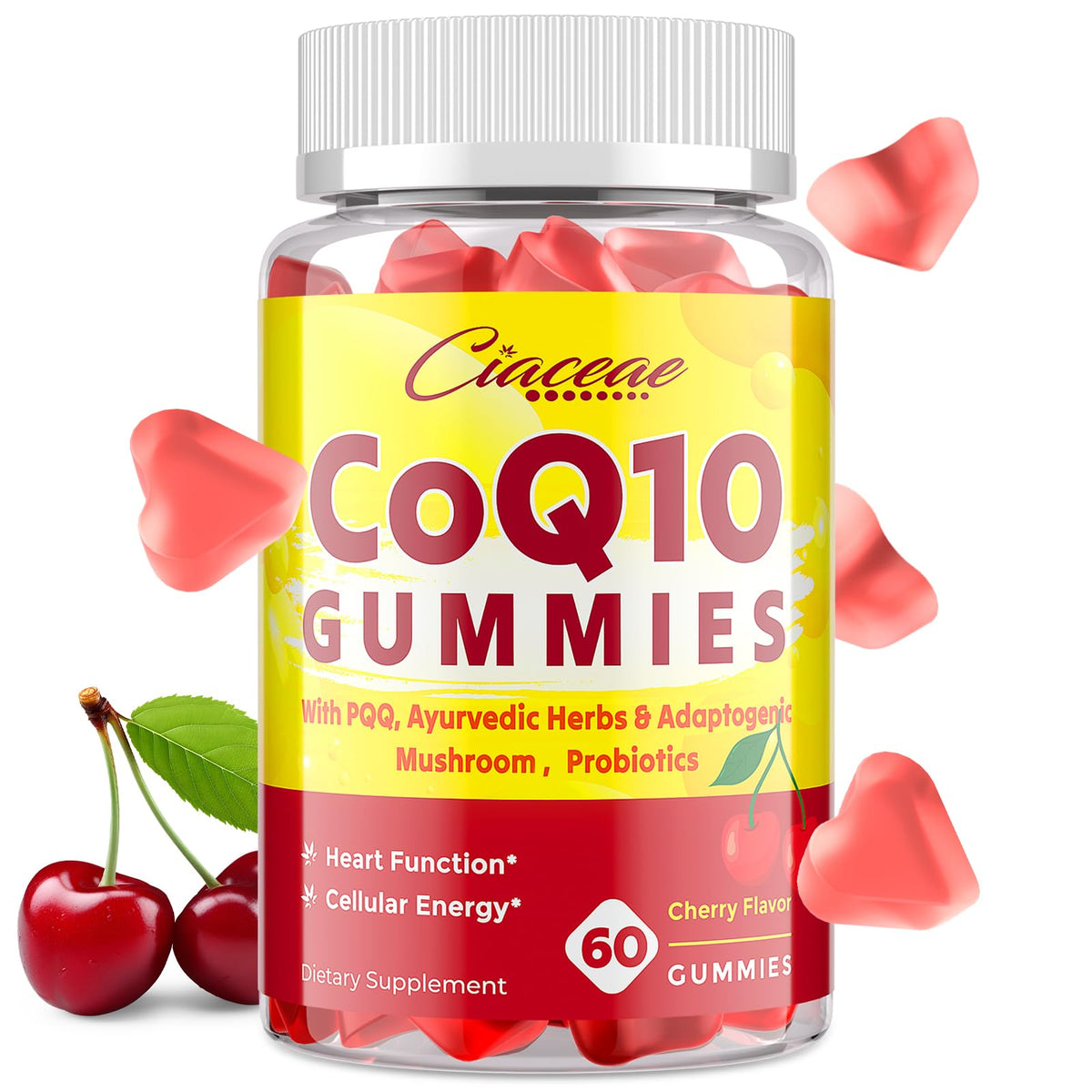 Ciaceae CoQ10 Gummies dans la bouteille, saveur cerise, énergie potentielle.