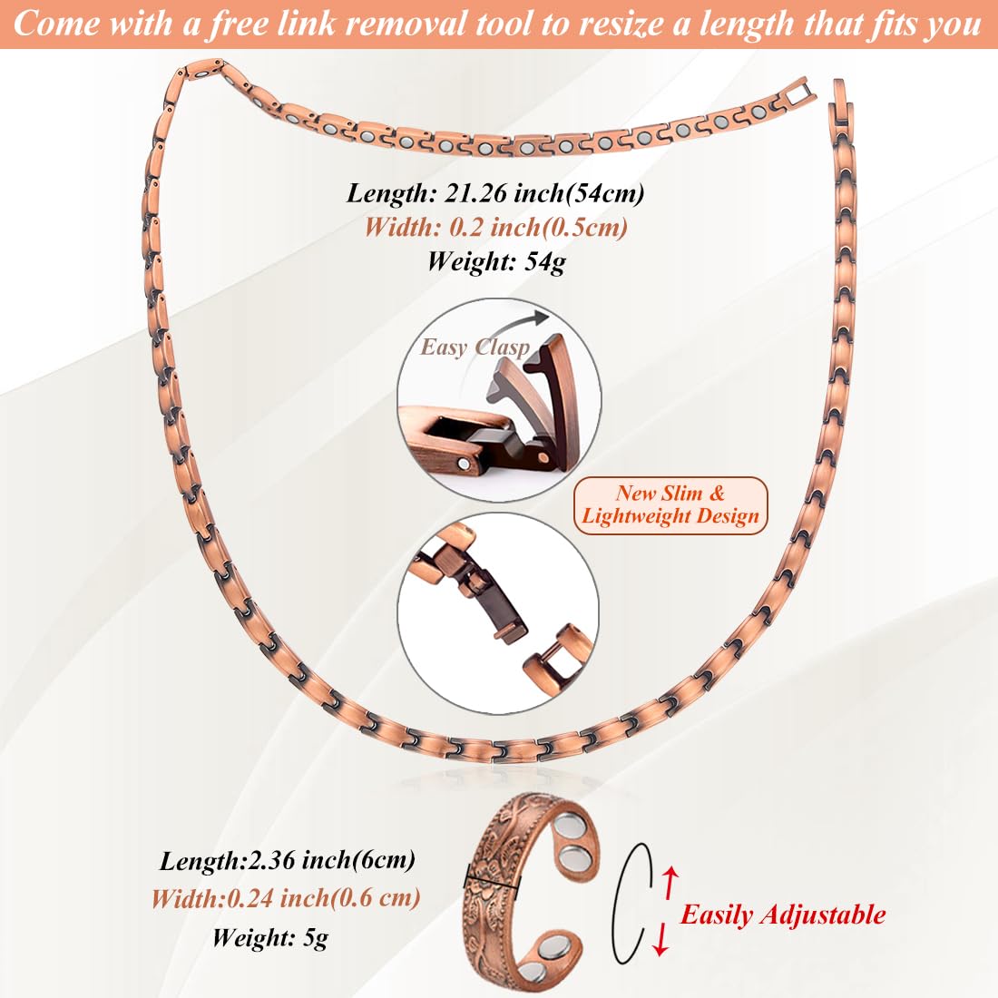 Cigmag collier cuivre longueur 54 cm ajustable pour tous les décolletés