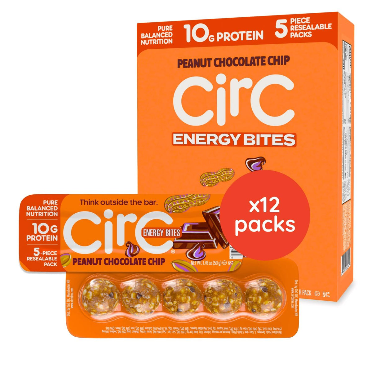 CirC Energy Bites: boîte de 12 snacks protéinés cacahuète et chocolat, pratique à emporter