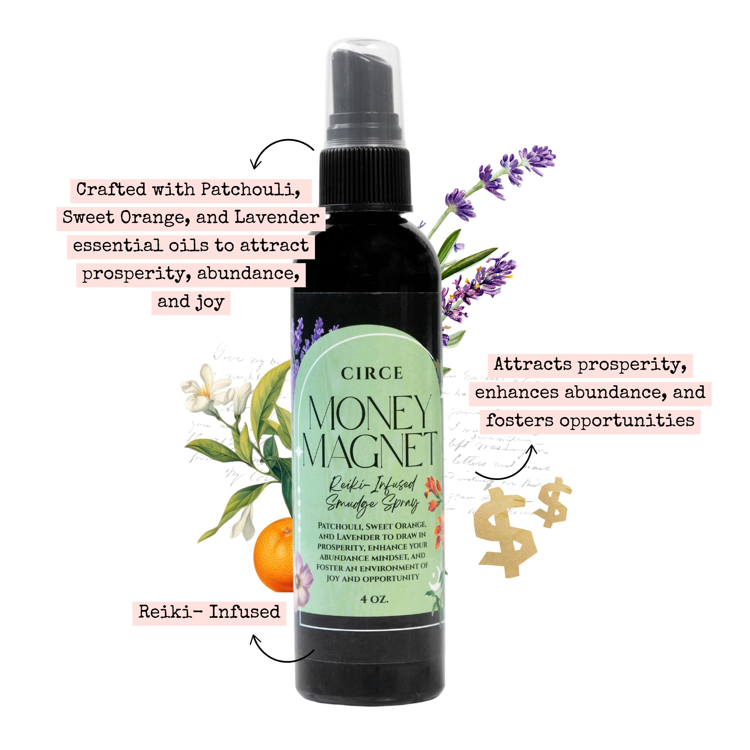 Circe Money Magnet Spray près du portefeuille, soutien discret pour intentions financières.