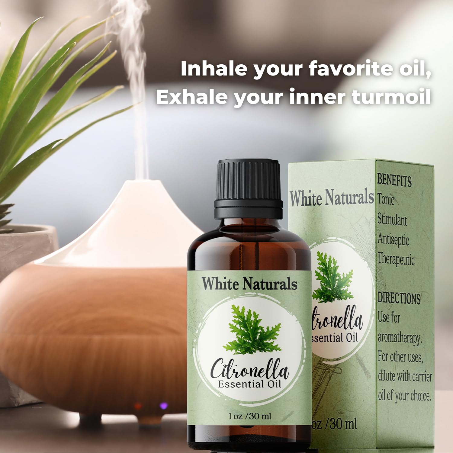 Soin capillaire avec White Naturals Citronnelle, parfum frais et naturel.