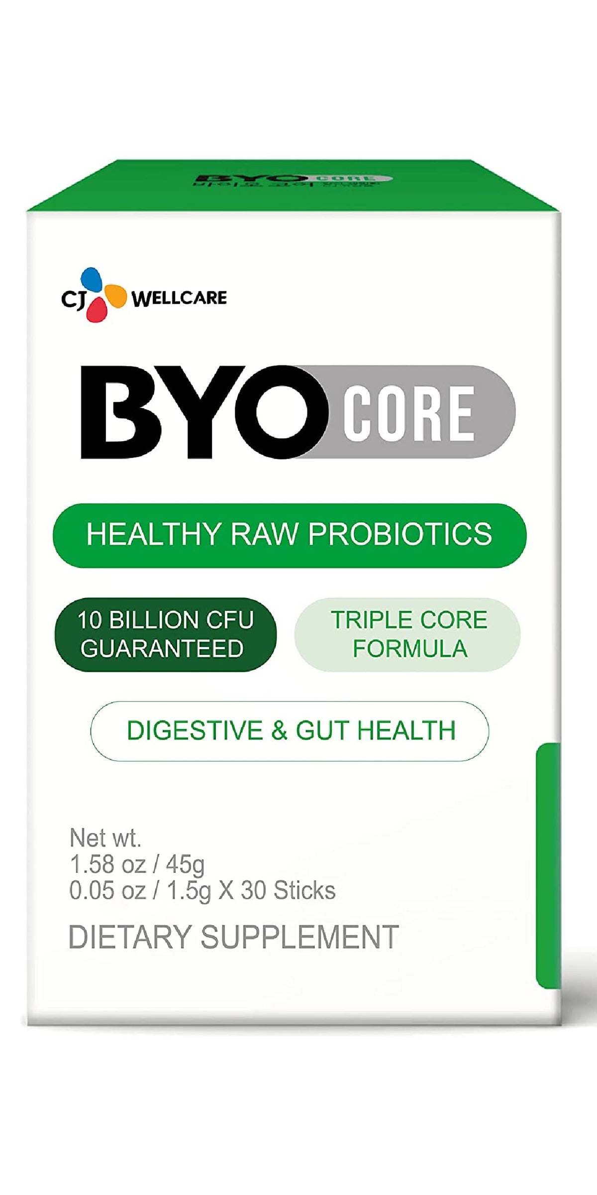 CJ Wellcare BYOCORE poudre probiotiques bleuet, soutien digestif potentiel.