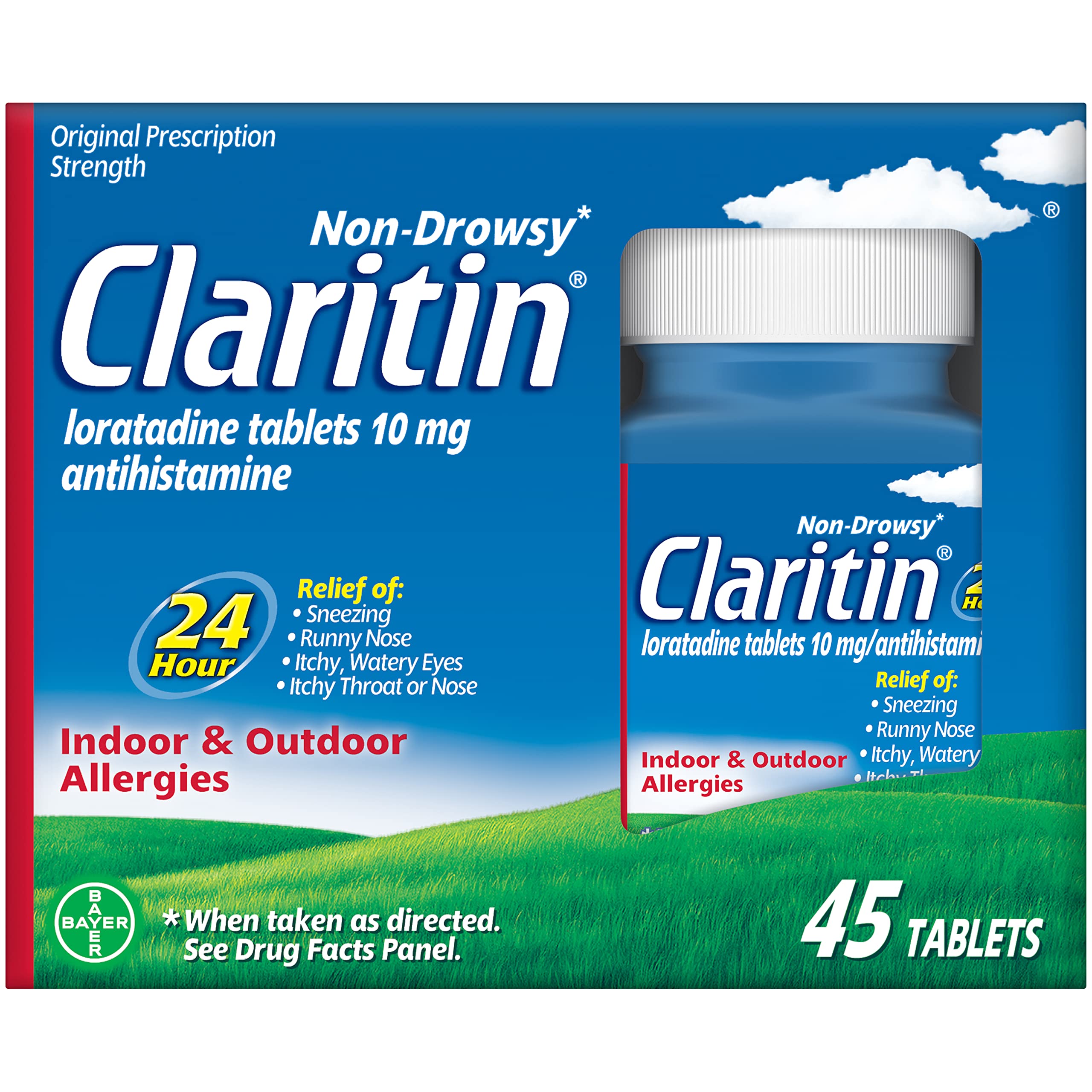 Claritin – bouteille avec 45 comprimés, soulagement sur 24 heures.