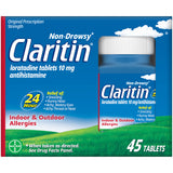 Claritin – bouteille avec 45 comprimés, soulagement sur 24 heures.