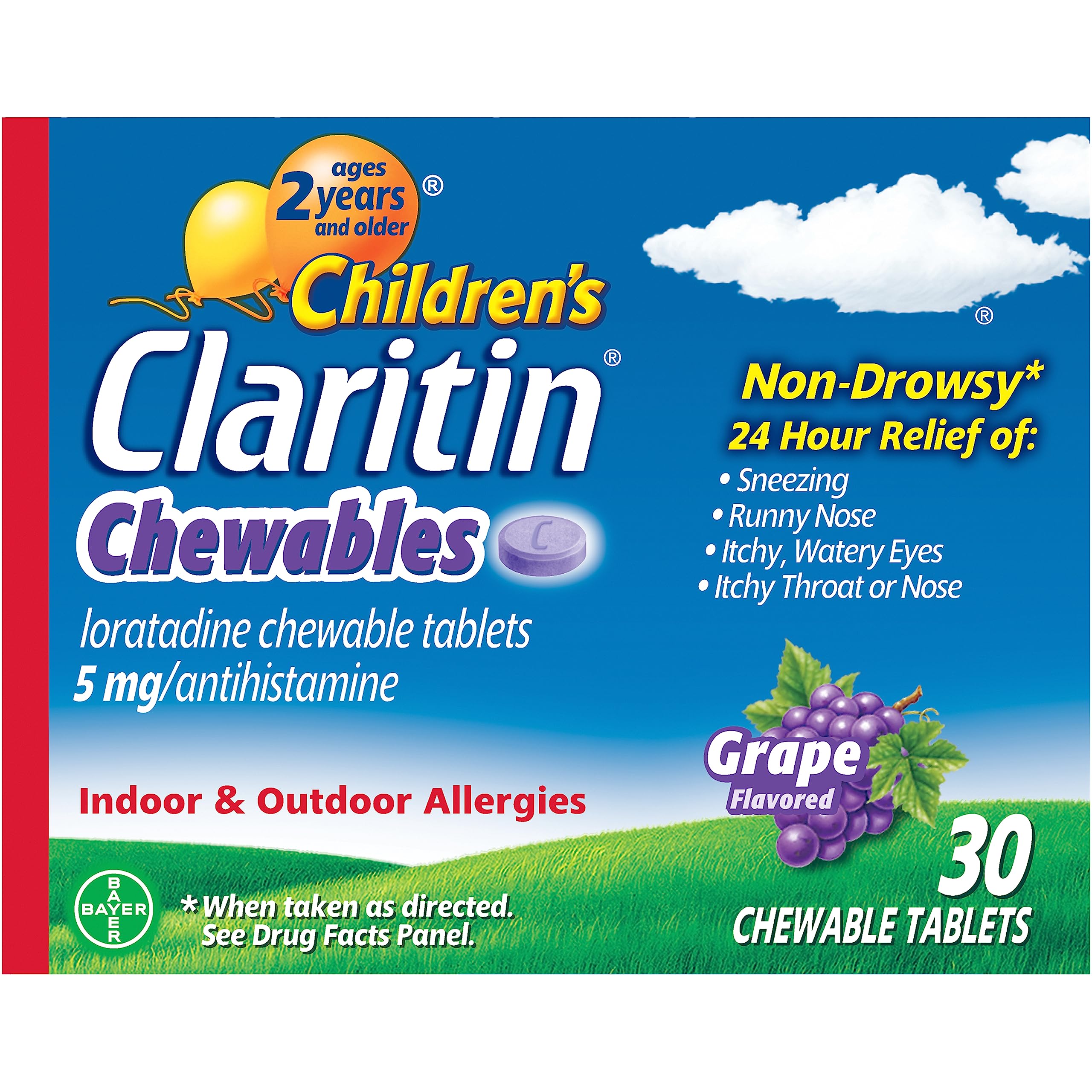 Claritin Chewables goût raisin – boîte prête à soulager les allergies chez l'enfant.