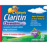 Claritin Chewables goût raisin – boîte prête à soulager les allergies chez l'enfant.