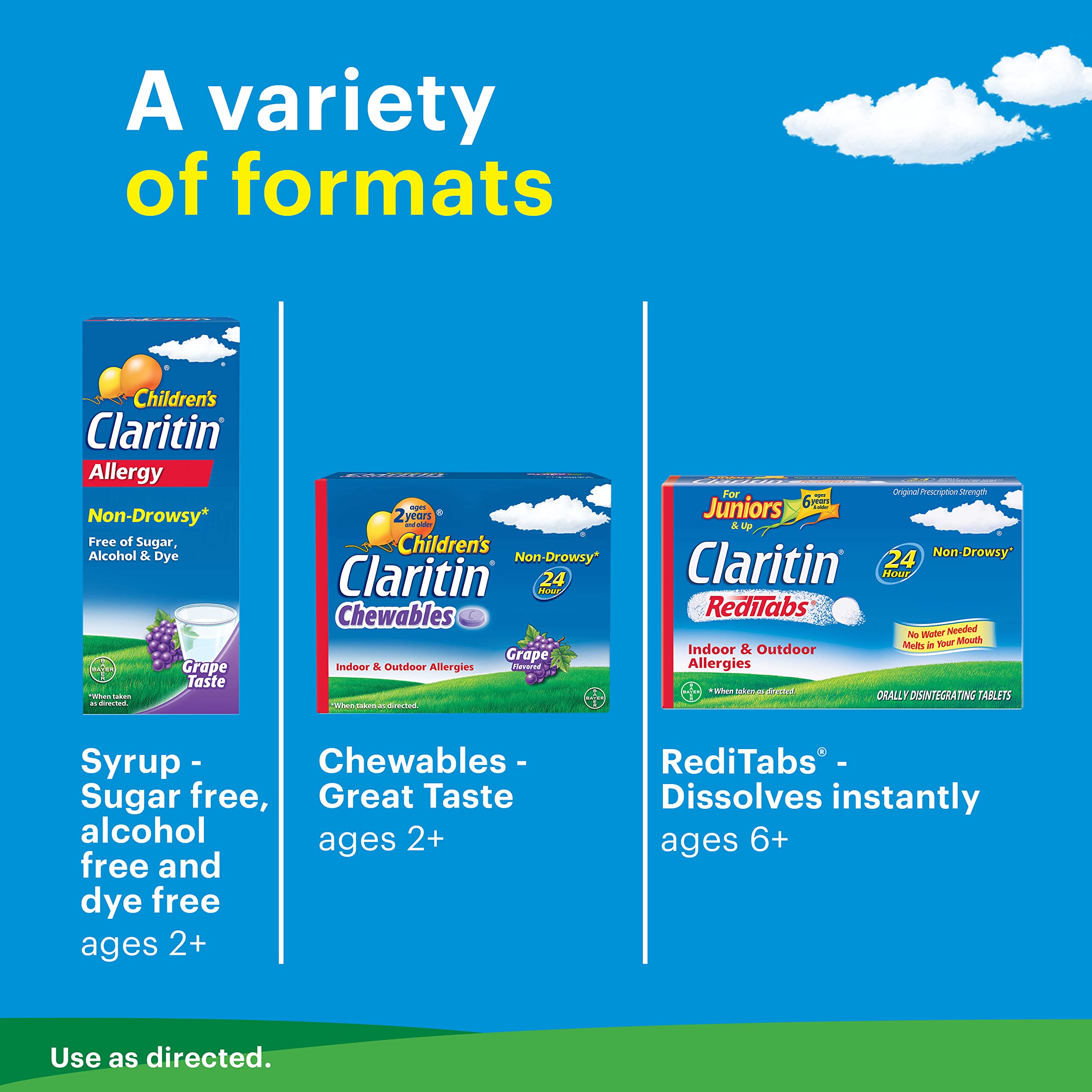 Claritin Chewables goût raisin – formulation adaptée pour enfants et usage tout au long de la journée.