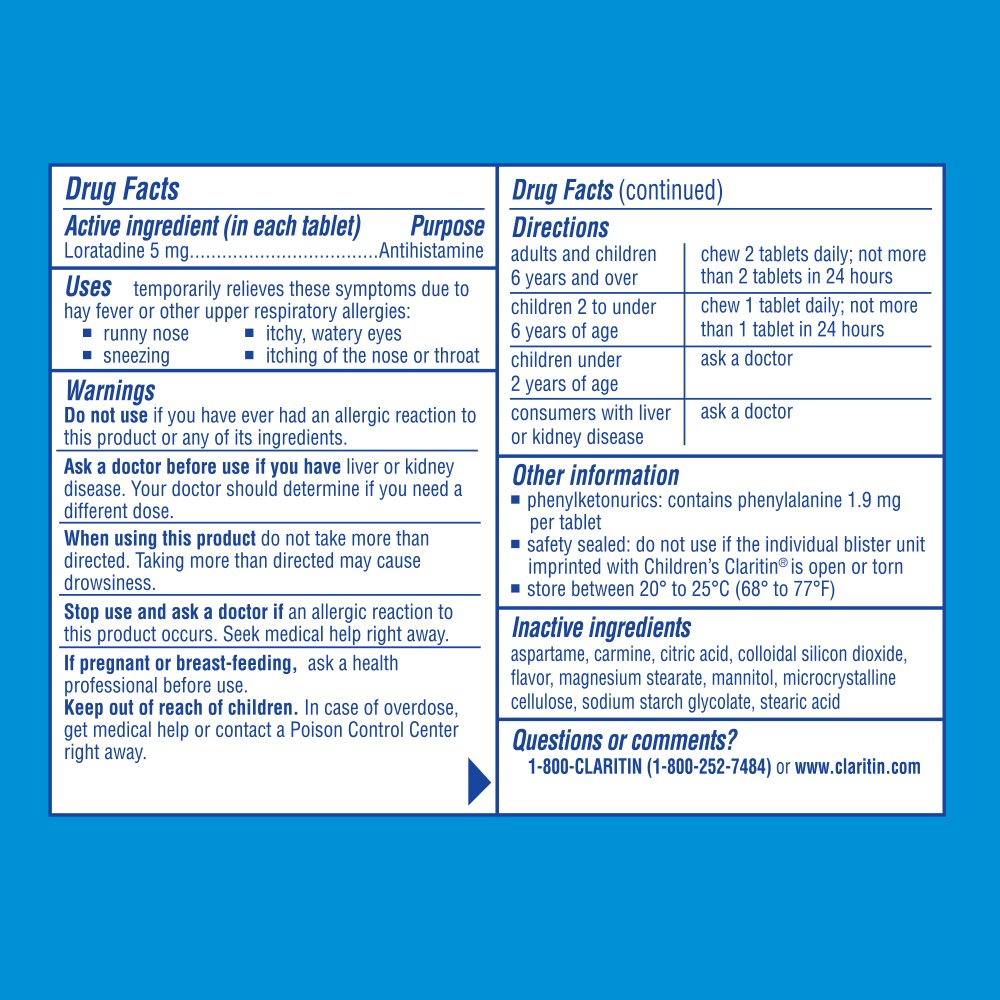 Emballage Claritin pour enfants, design clair et informations faciles à lire.