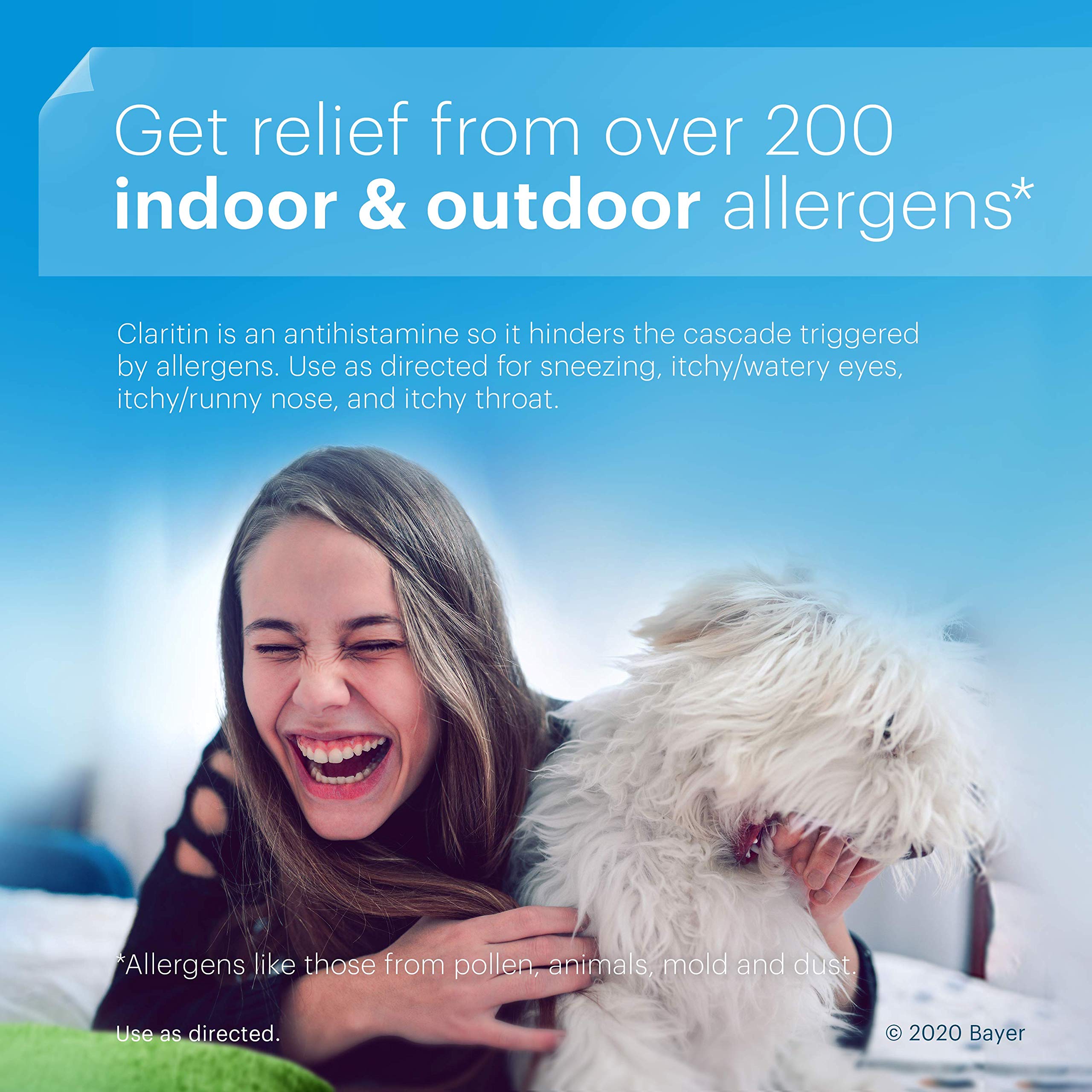 Claritin – emballage clair montrant le produit et son utilisation.