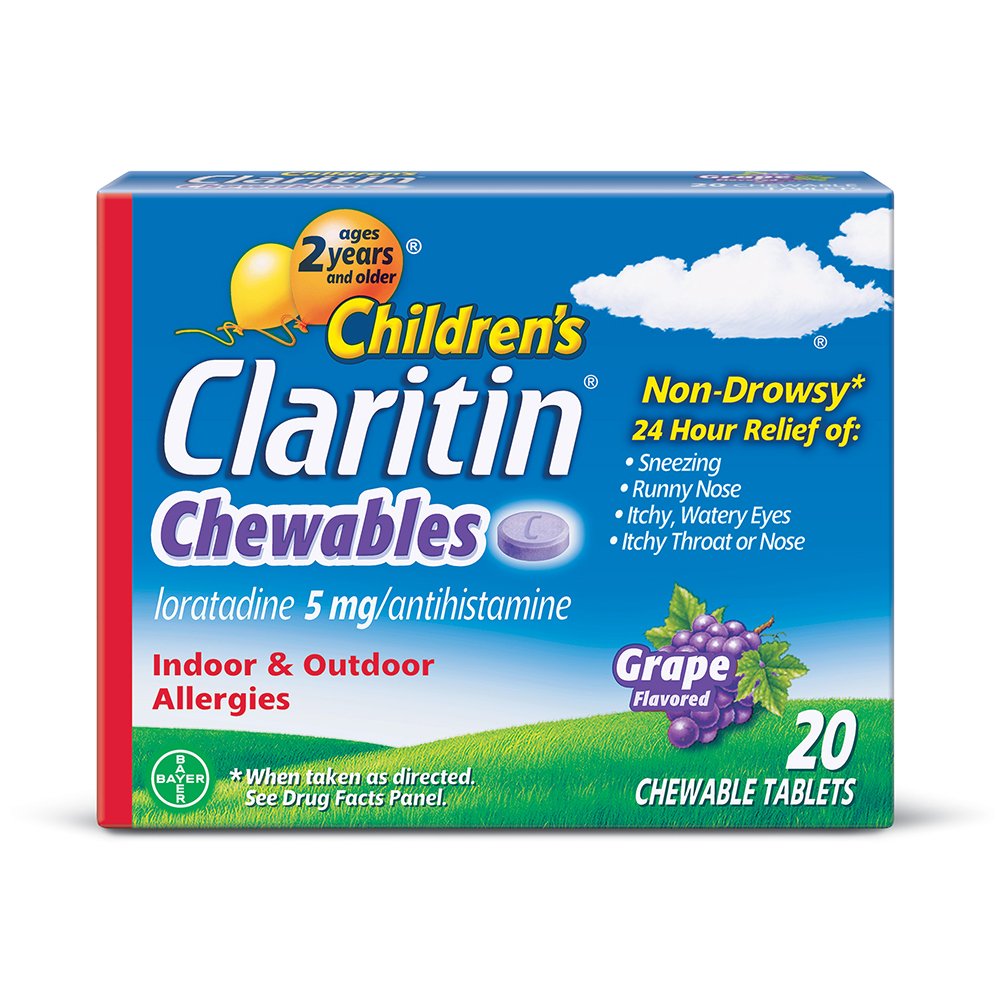 Claritin enfant, comprimés a croquer goût raisin, relief allergie 24 heures.